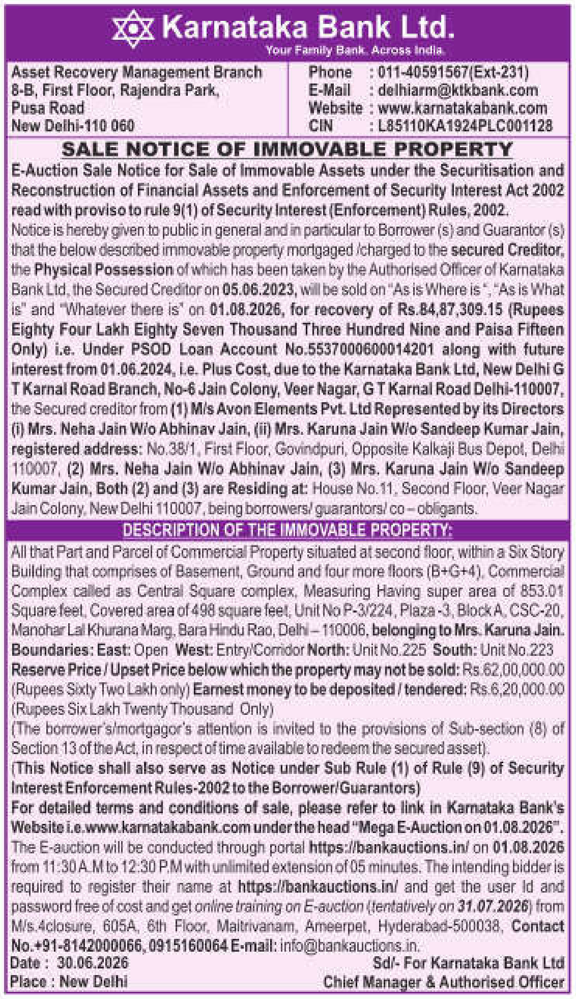 Property auction notice in Delhi — Karnataka Bank LTD.