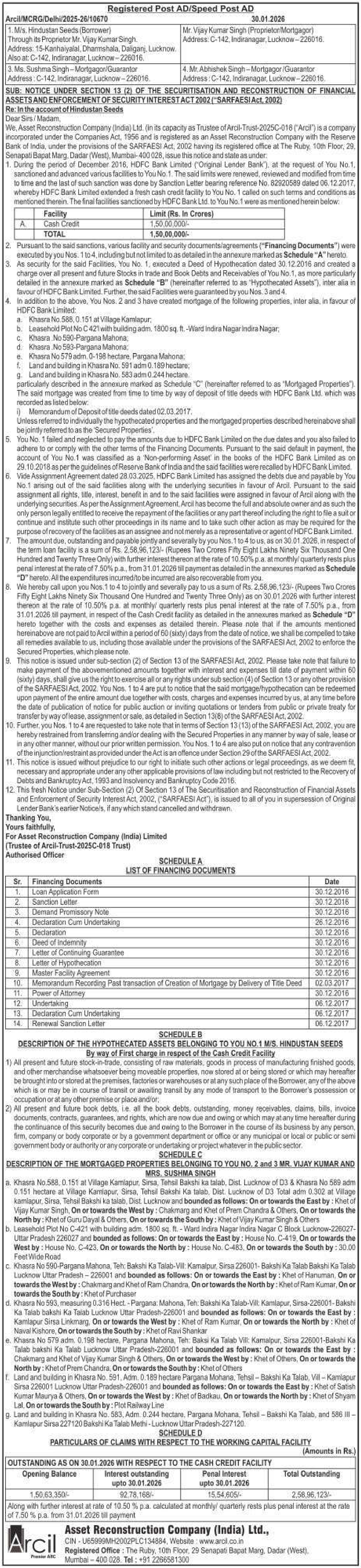 Property auction notice in Lucknow — Asset Reconstruction Company (india) LTD.