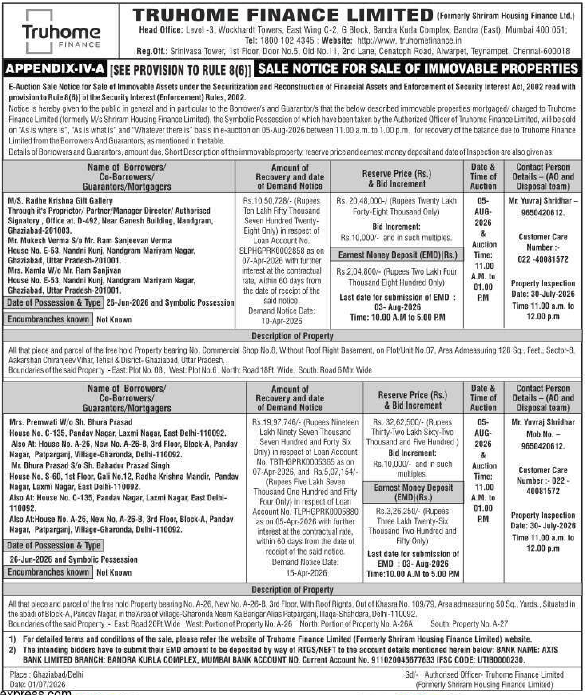 Auction notice for Truhome Finance Limited (formerly Shriram Housing Finance Ltd.)