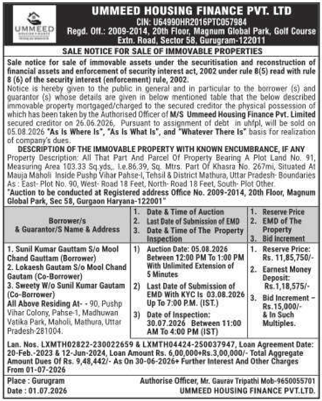 Auction notice for Ummeed Housing Finance Pvt. LTD