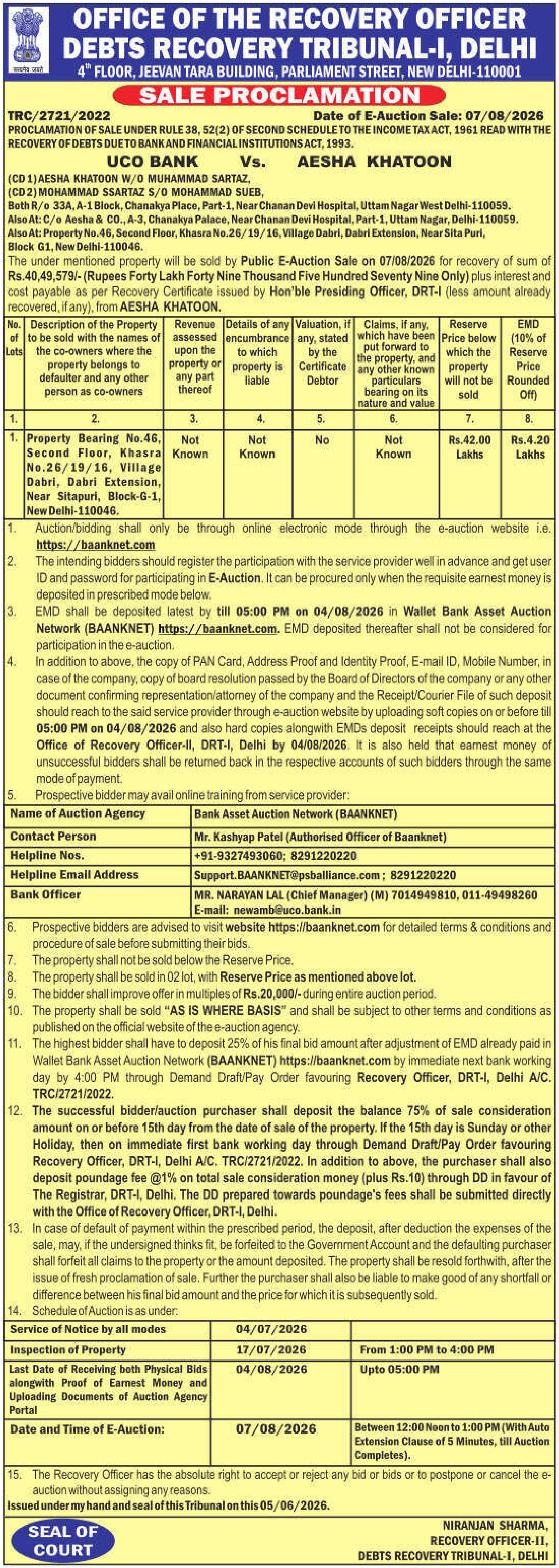 Property auction notice in New Delhi — Uco Bank