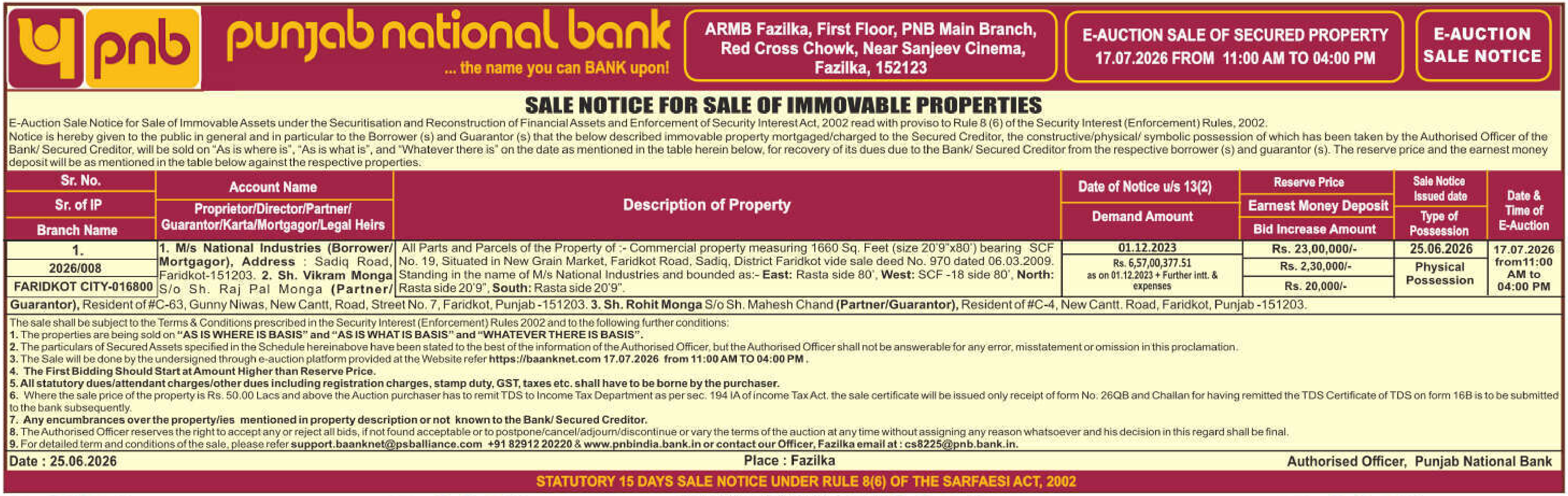 Auction notice for Punjab National Bank