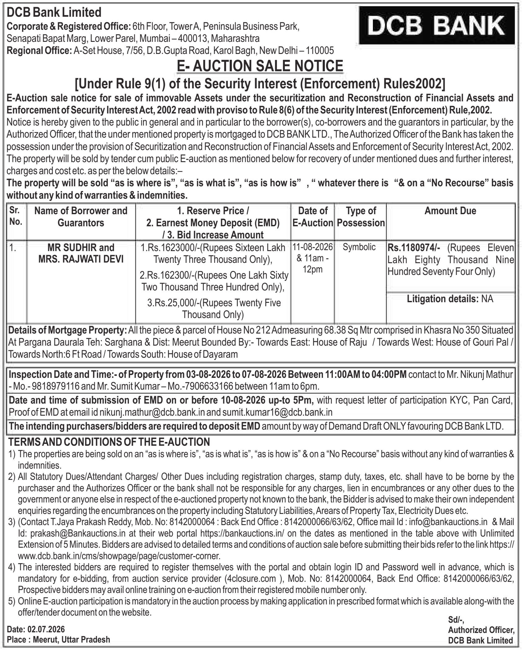 Property auction notice in Meerut — Dcb Bank Limited