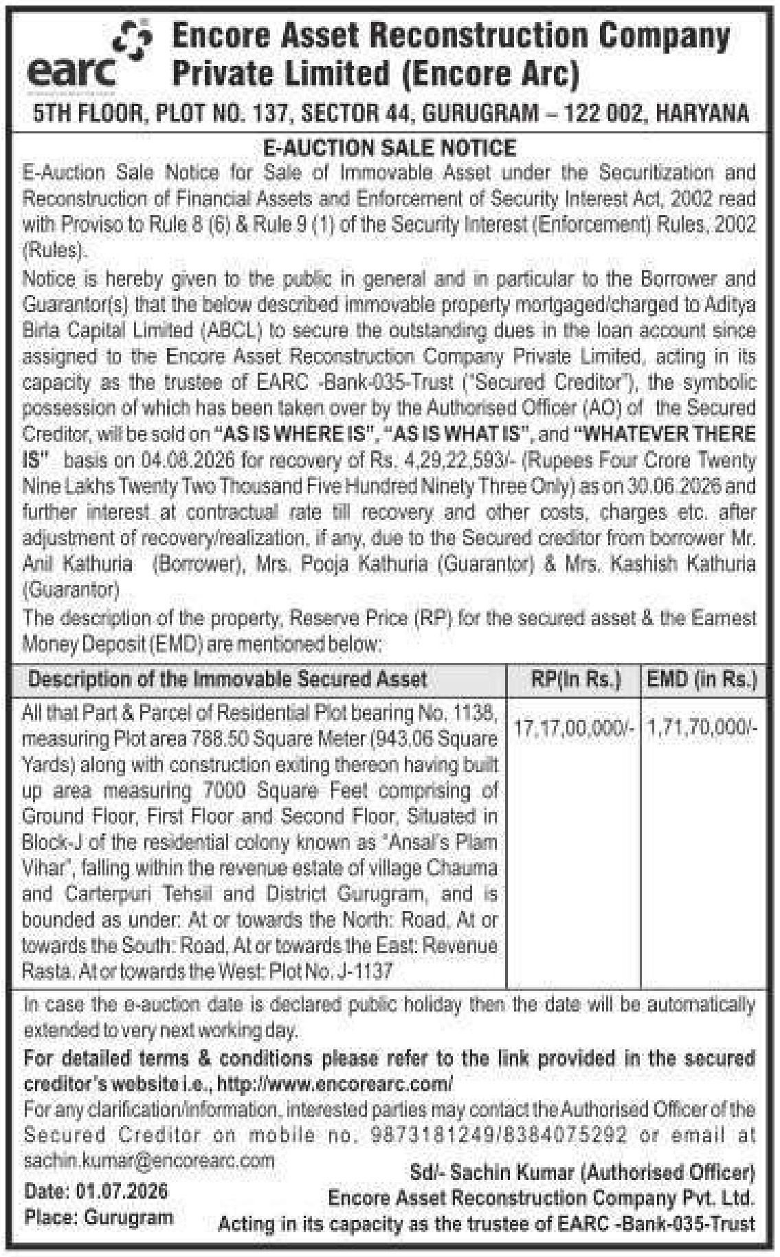 Property auction notice in Gurugram — Encore Asset Reconstruction Company Private Limited (encore Arc)