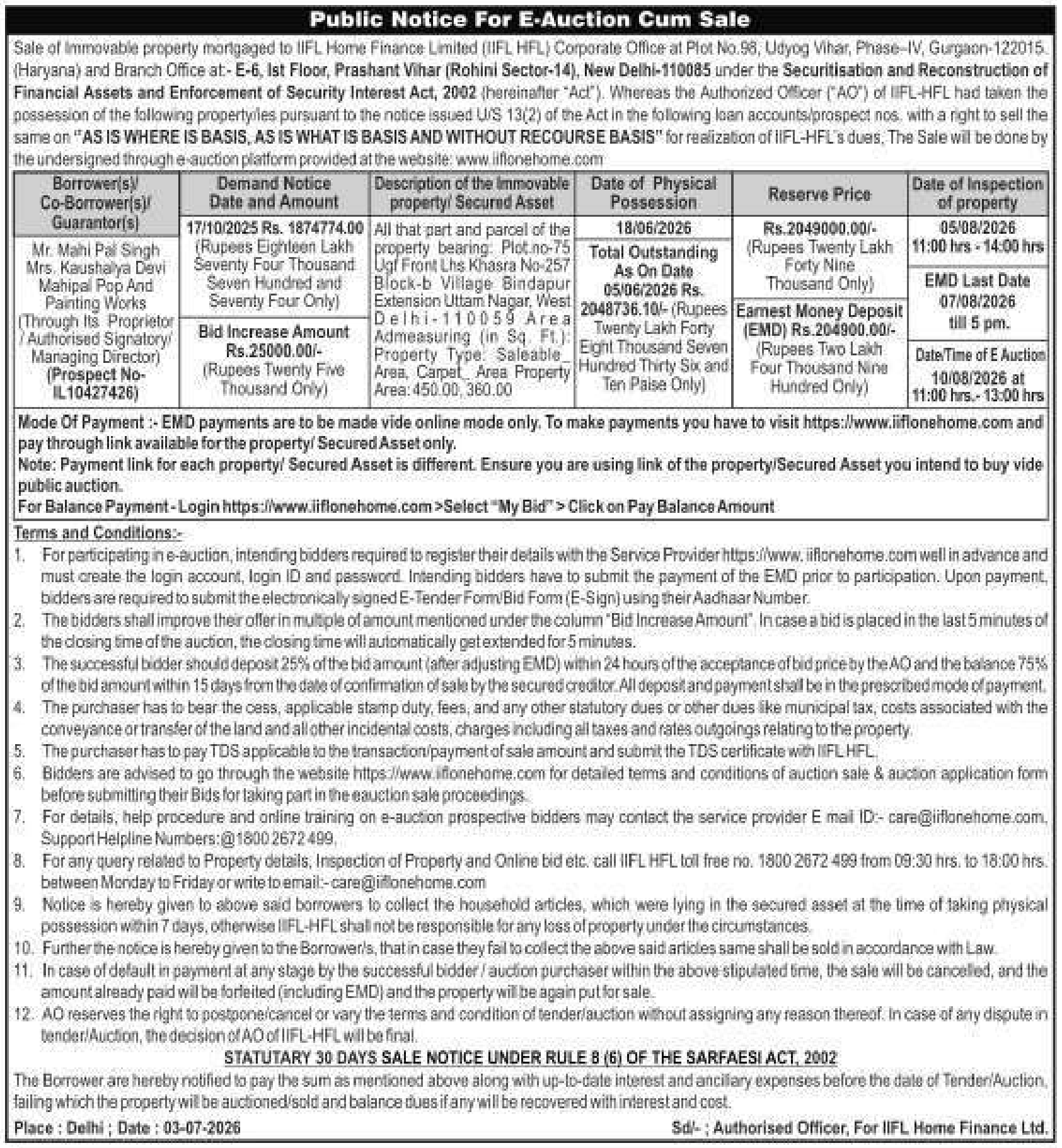 Property auction notice in Delhi — IIFL Home Finance Limited (iifl Hfl)