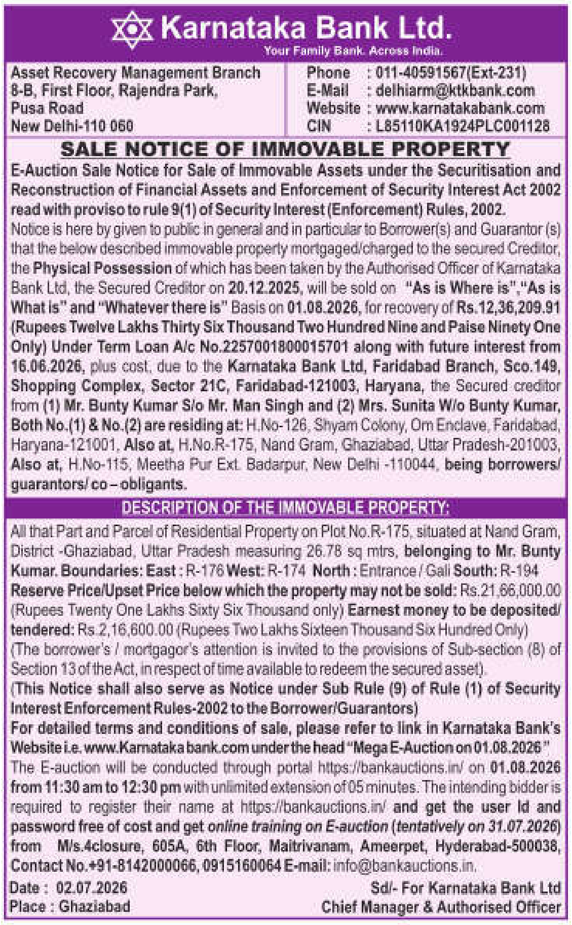 Property auction notice in Ghaziabad — Karnataka Bank LTD.