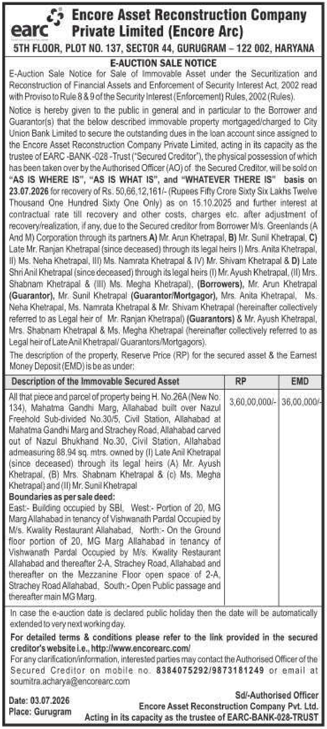 Auction notice for Encore Asset Reconstruction Company Private Limited (encore Arc)