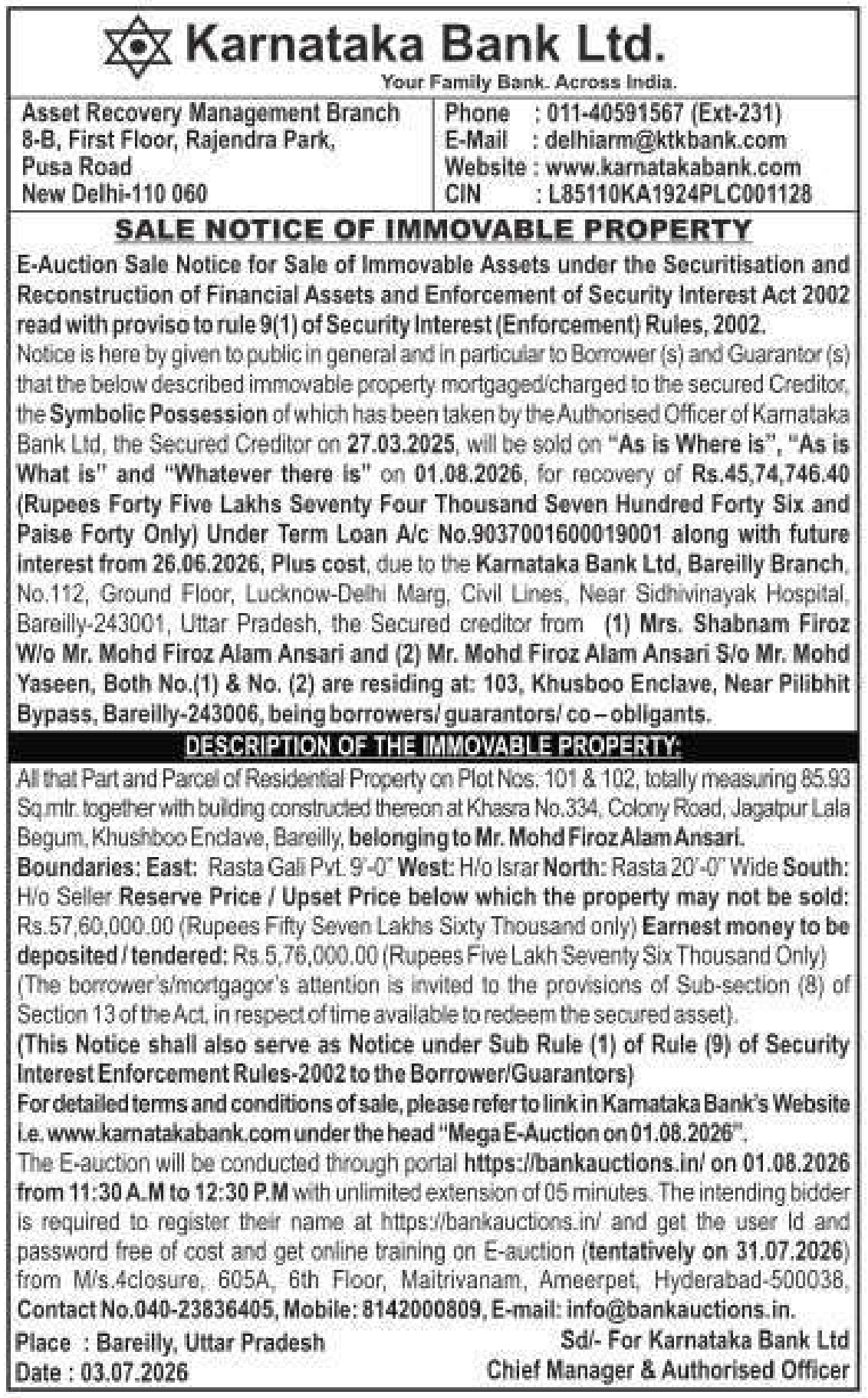 Property auction notice in Bareilly — Karnataka Bank LTD.