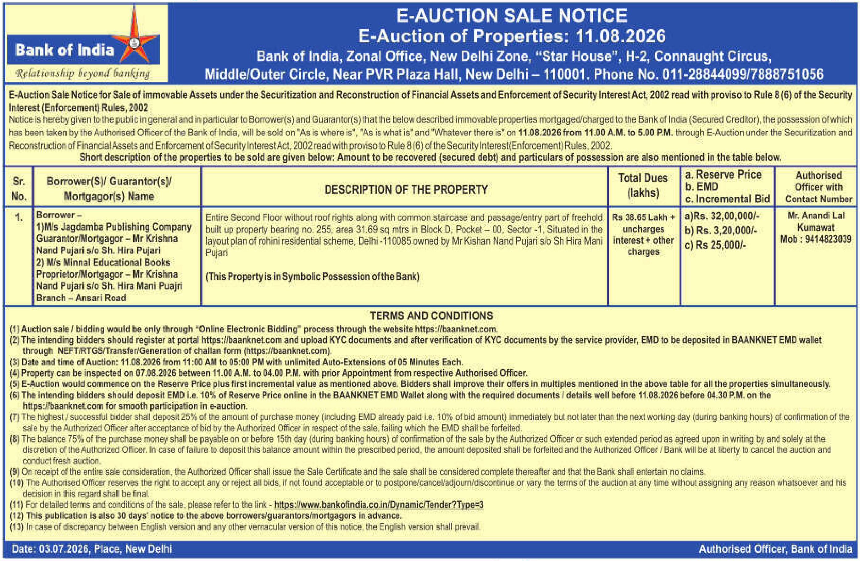 Property auction notice in Delhi — Bank Of India