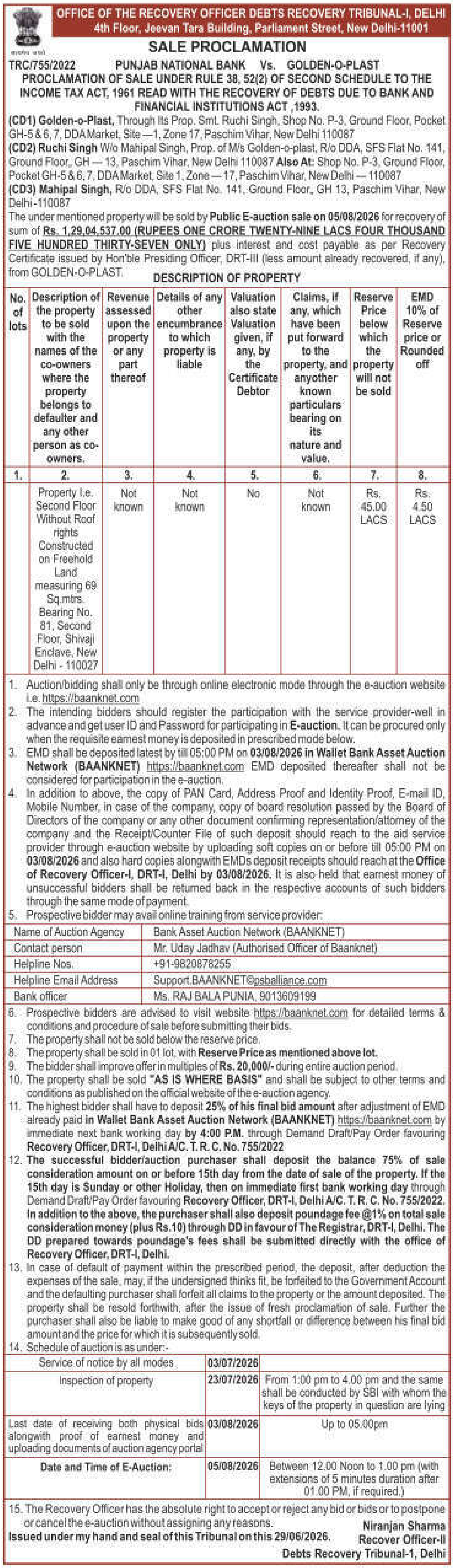 Property auction notice in New Delhi — Punjab National Bank