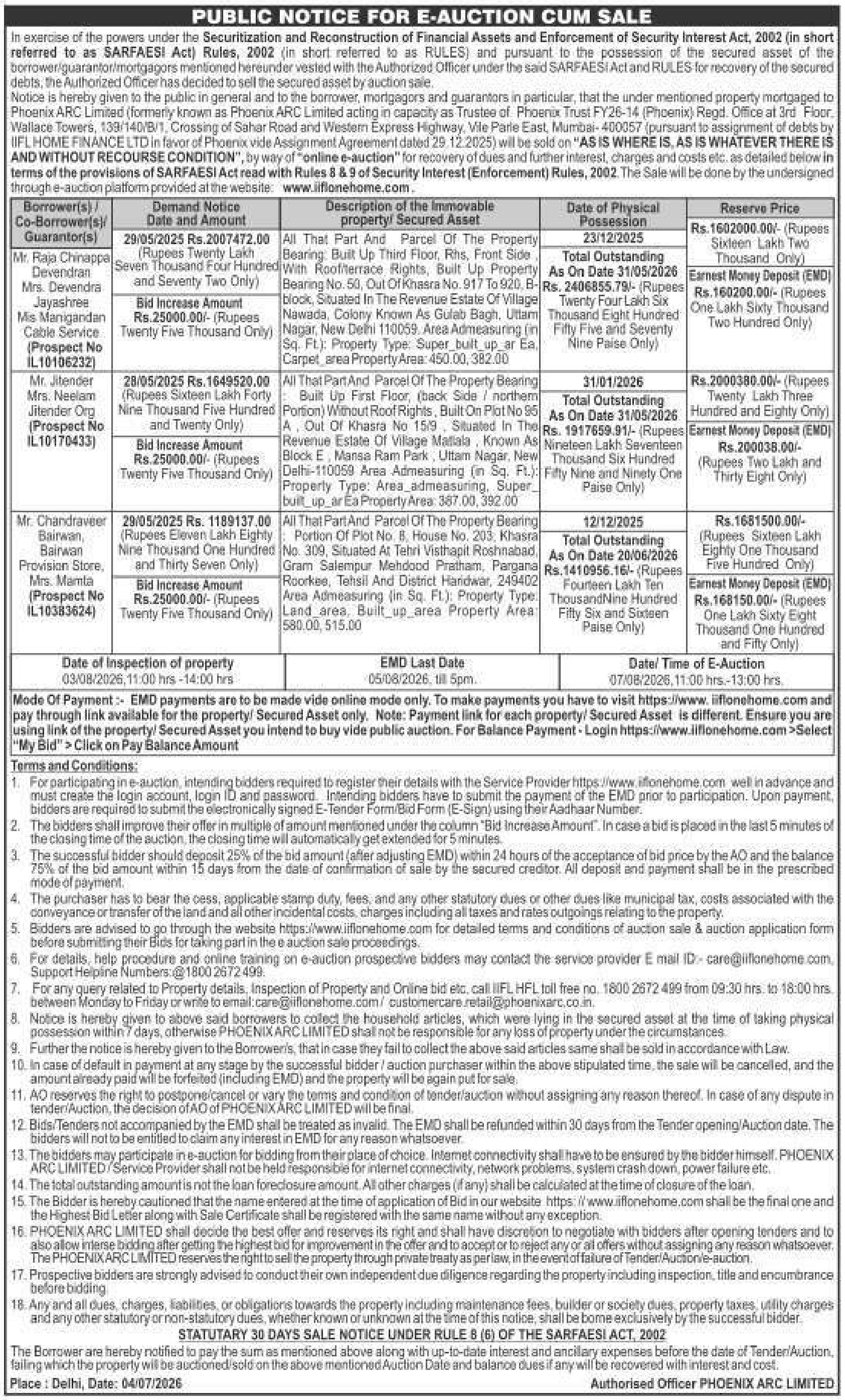 Property auction notice in New Delhi — Phoenix ARC Limited