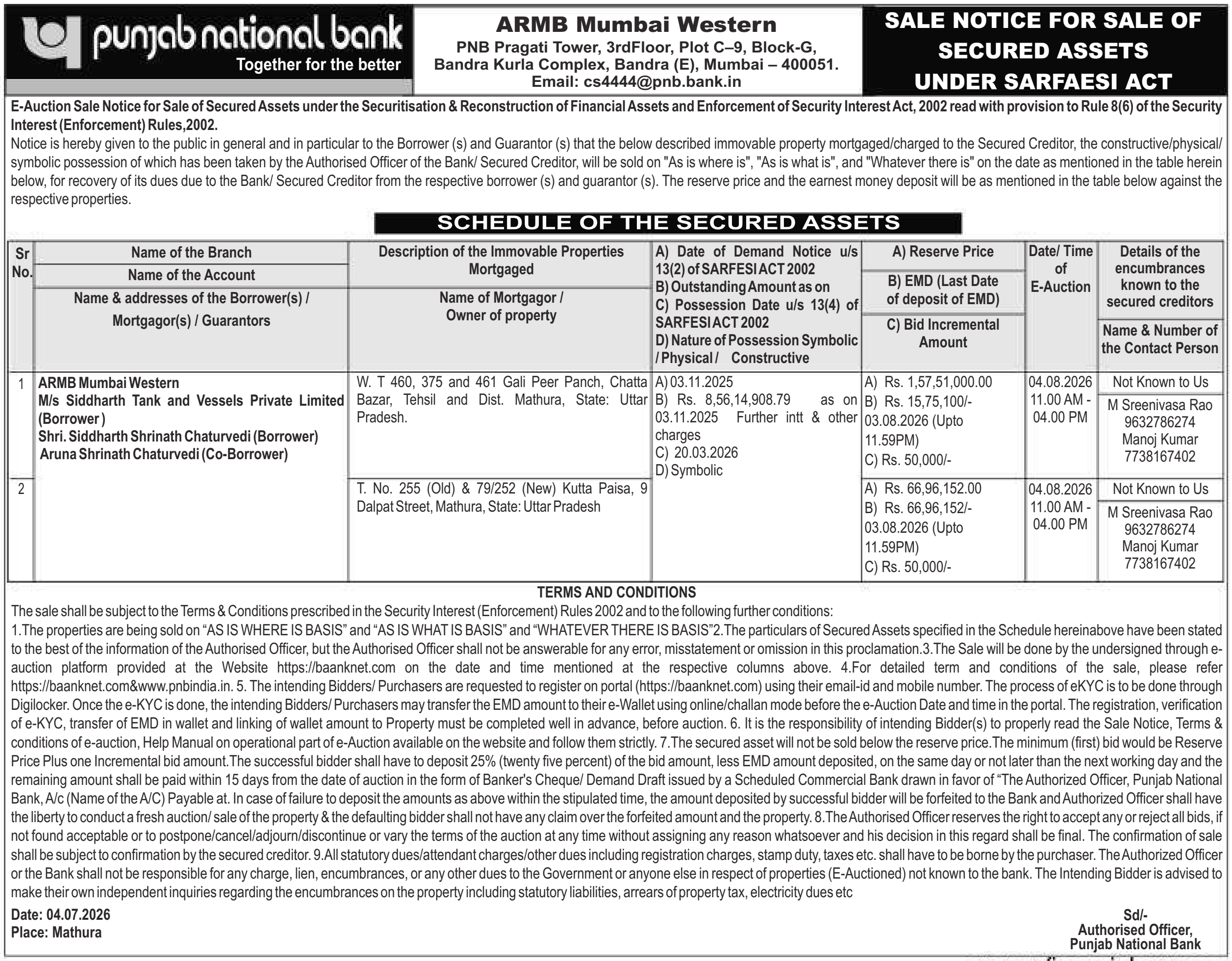 Property auction notice in Mathura — Punjab National Bank