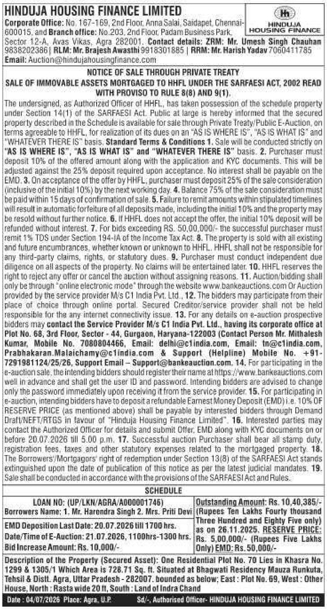 Property auction notice in Agra — Hinduja Housing Finance Limited