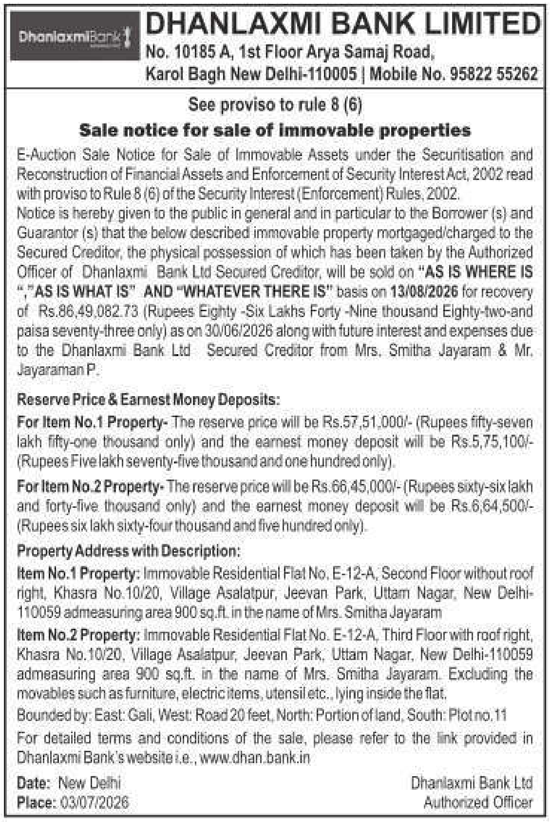 Property auction notice in New Delhi — Dhanlaxmi Bank Limited