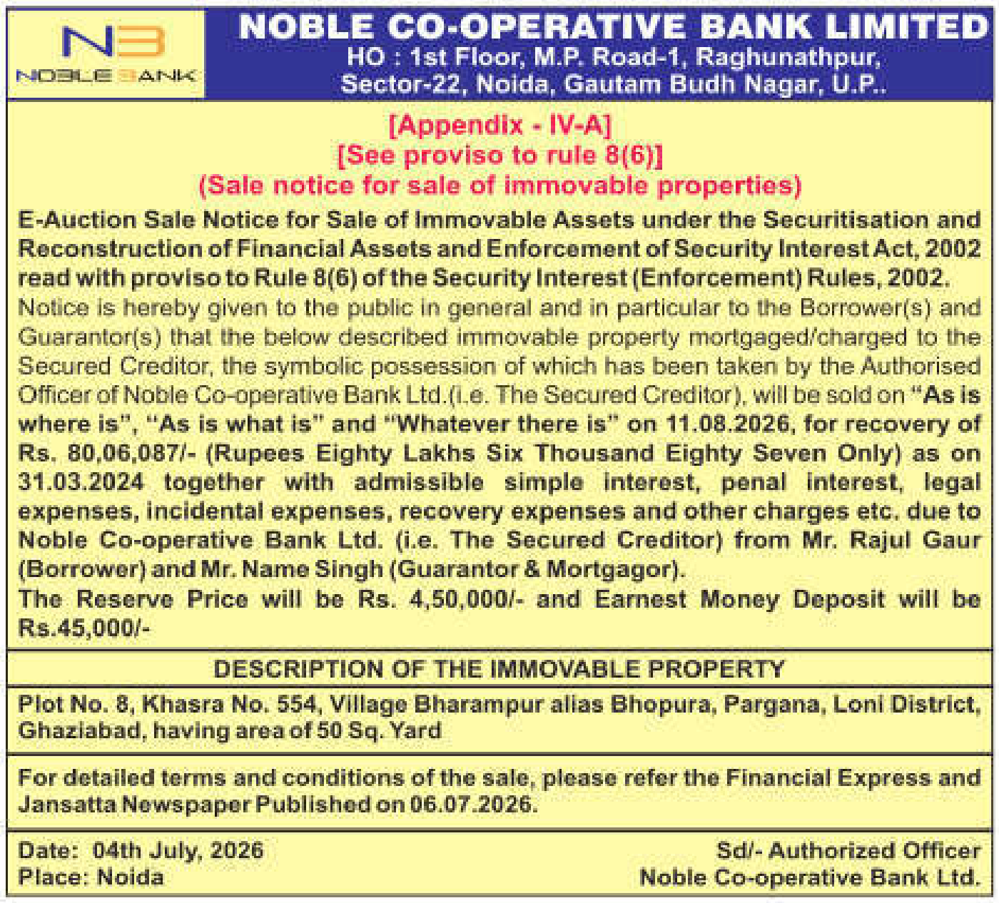 Property auction notice in Loni — Noble Co-operative Bank Limited