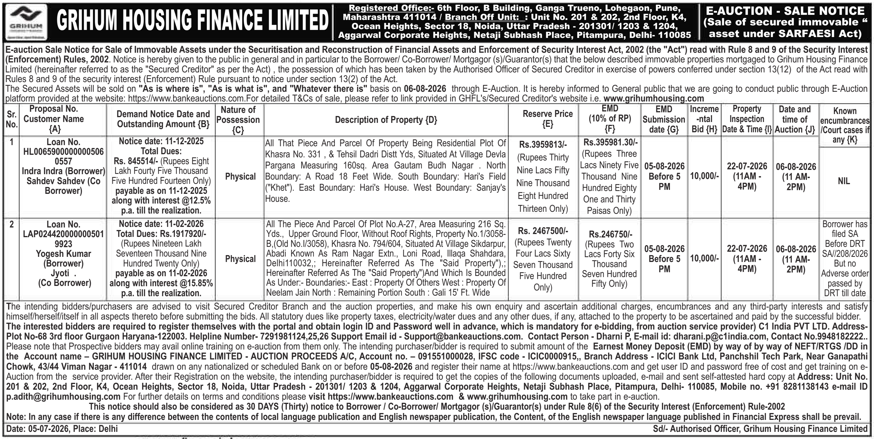 Property auction notice in Delhi — Grihum Housing Finance Limited