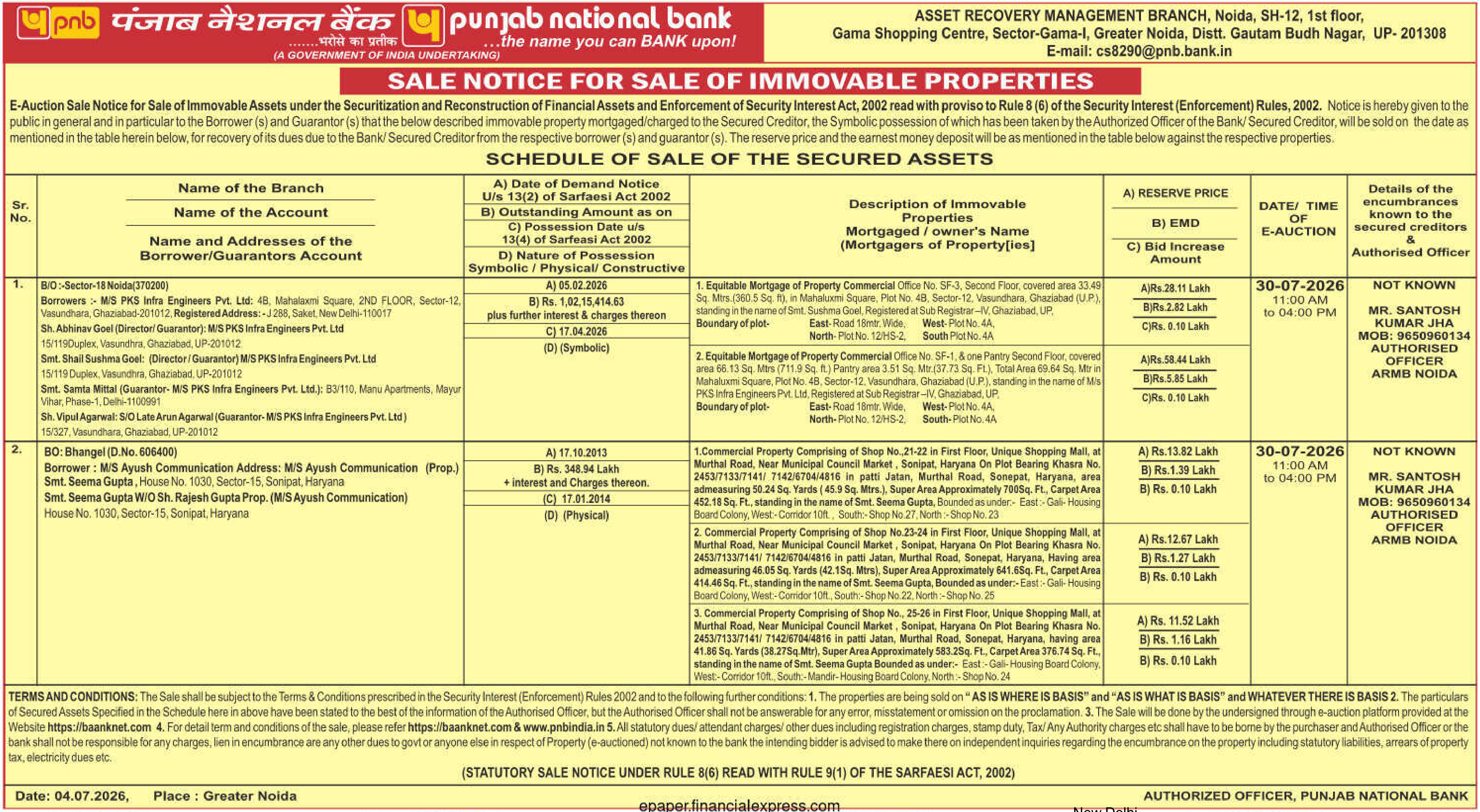 Auction notice for Punjab National Bank