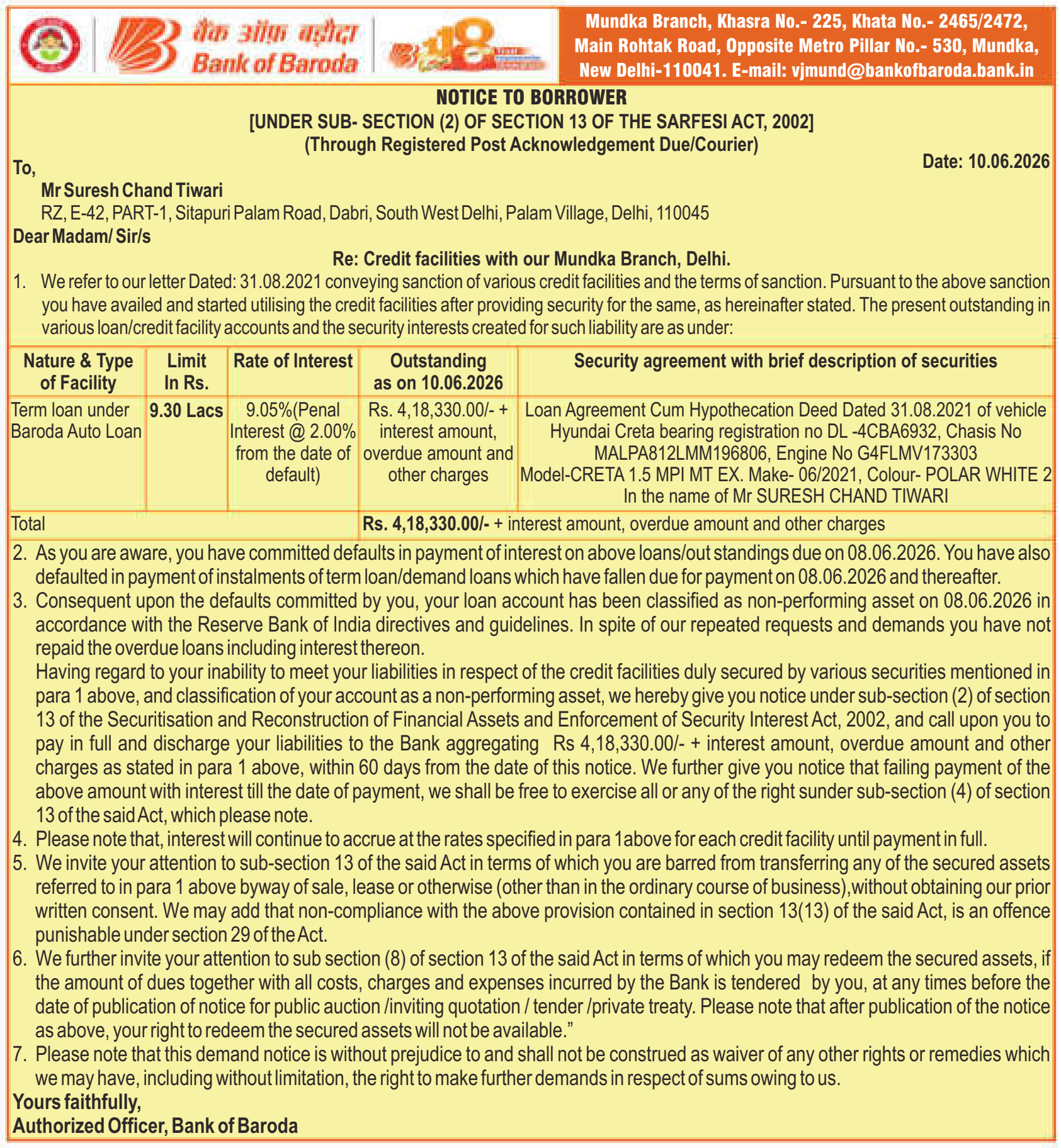 Vehicles auction notice — Bank Of Baroda