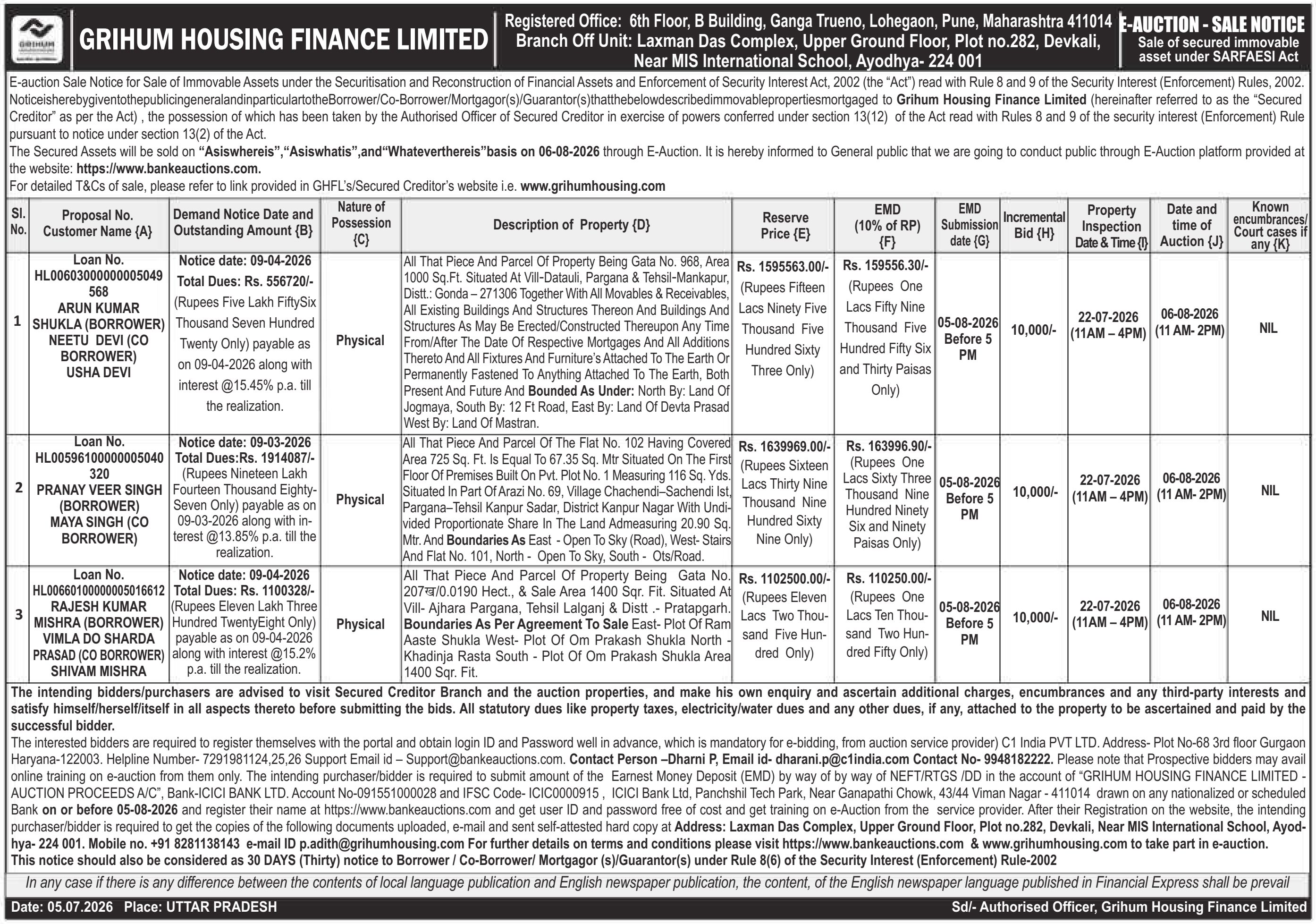 Property auction notice in Kanpur Nagar — Grihum Housing Finance Limited