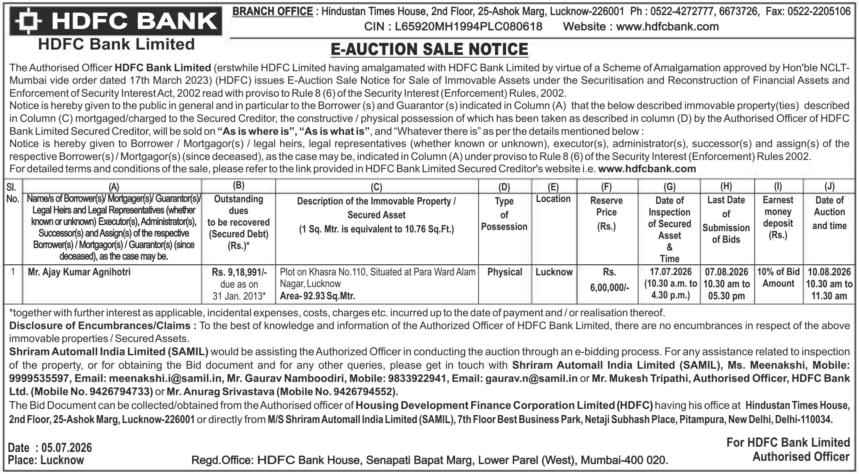 Property auction notice in Lucknow — Hdfc Bank Limited