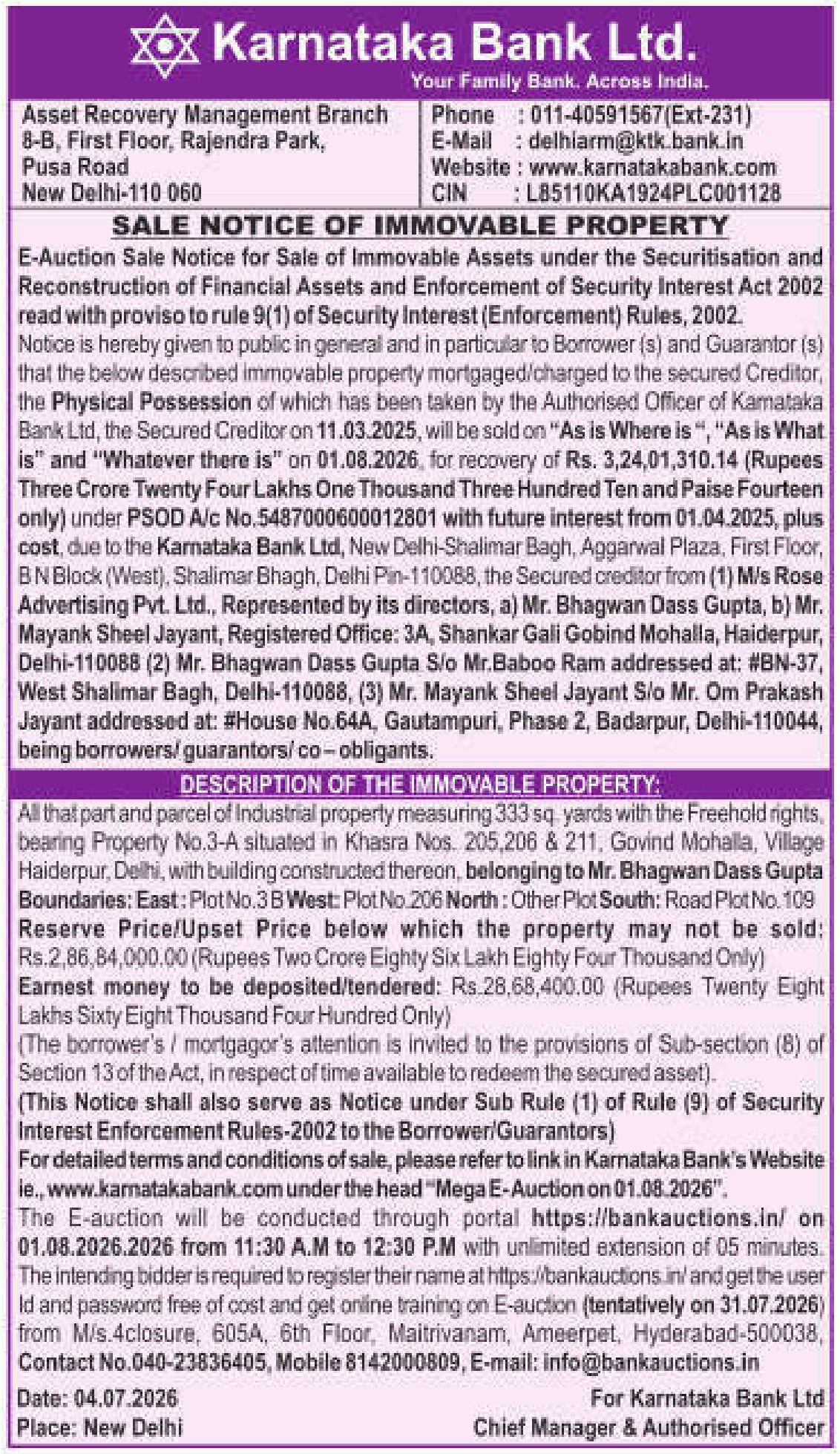 Property auction notice in Delhi — Karnataka Bank LTD.