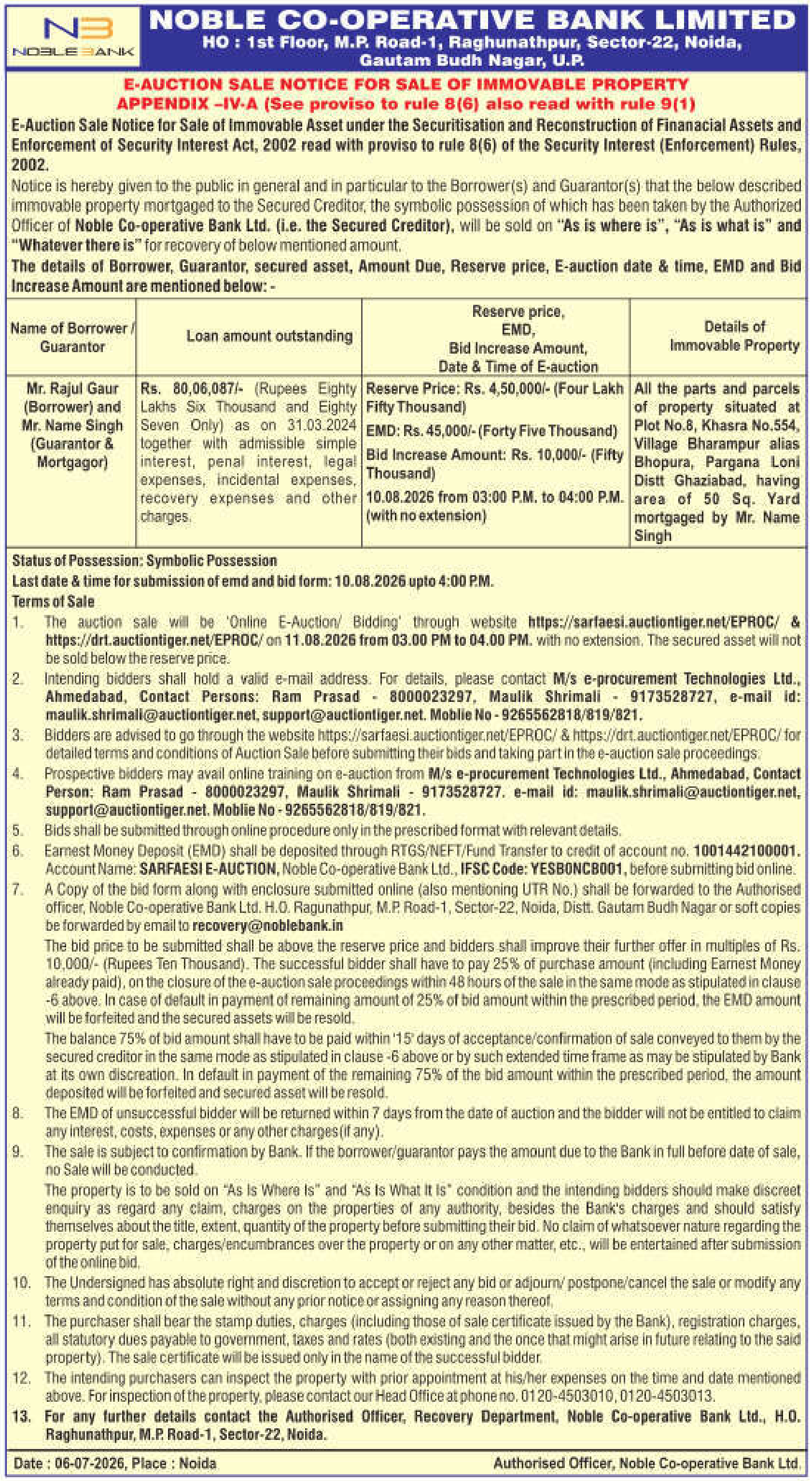 Property auction notice in Ghaziabad — Noble Co-operative Bank Limited