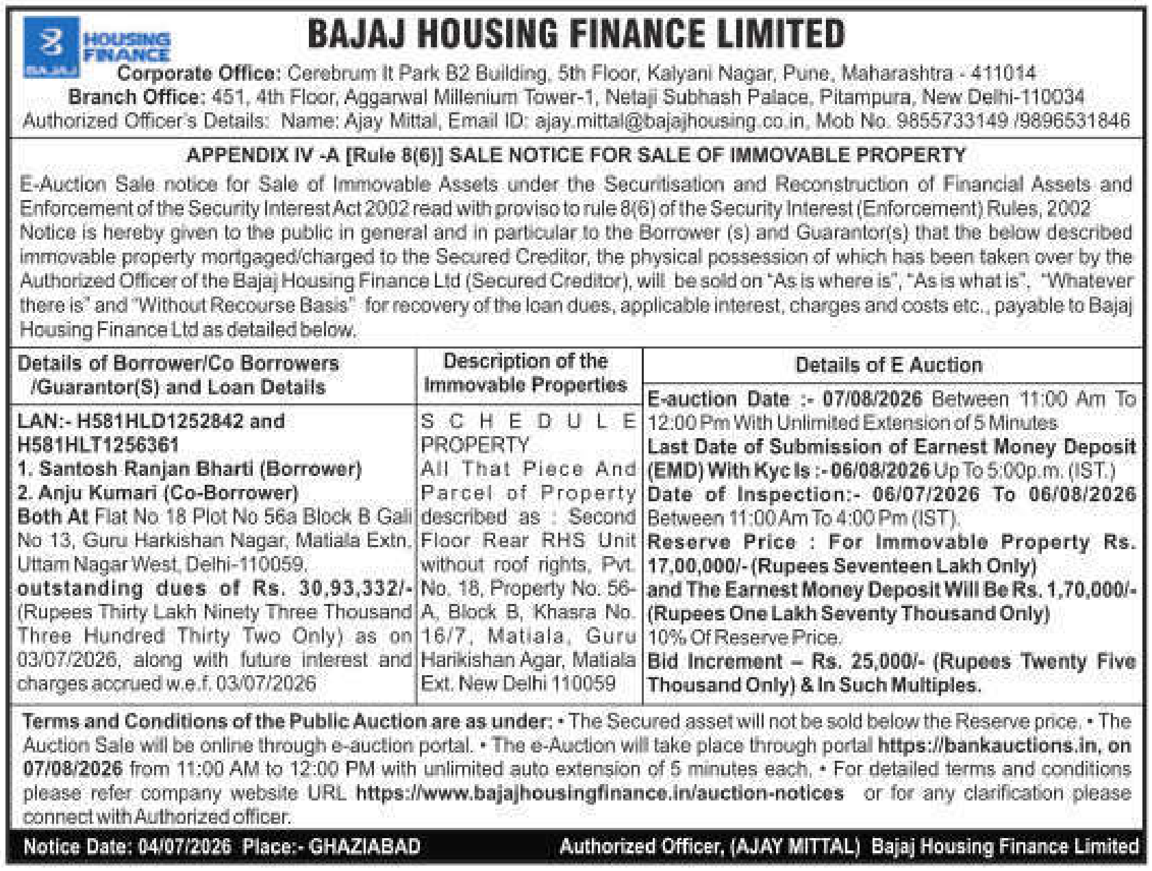 Property auction notice in Delhi — Bajaj Housing Finance Limited