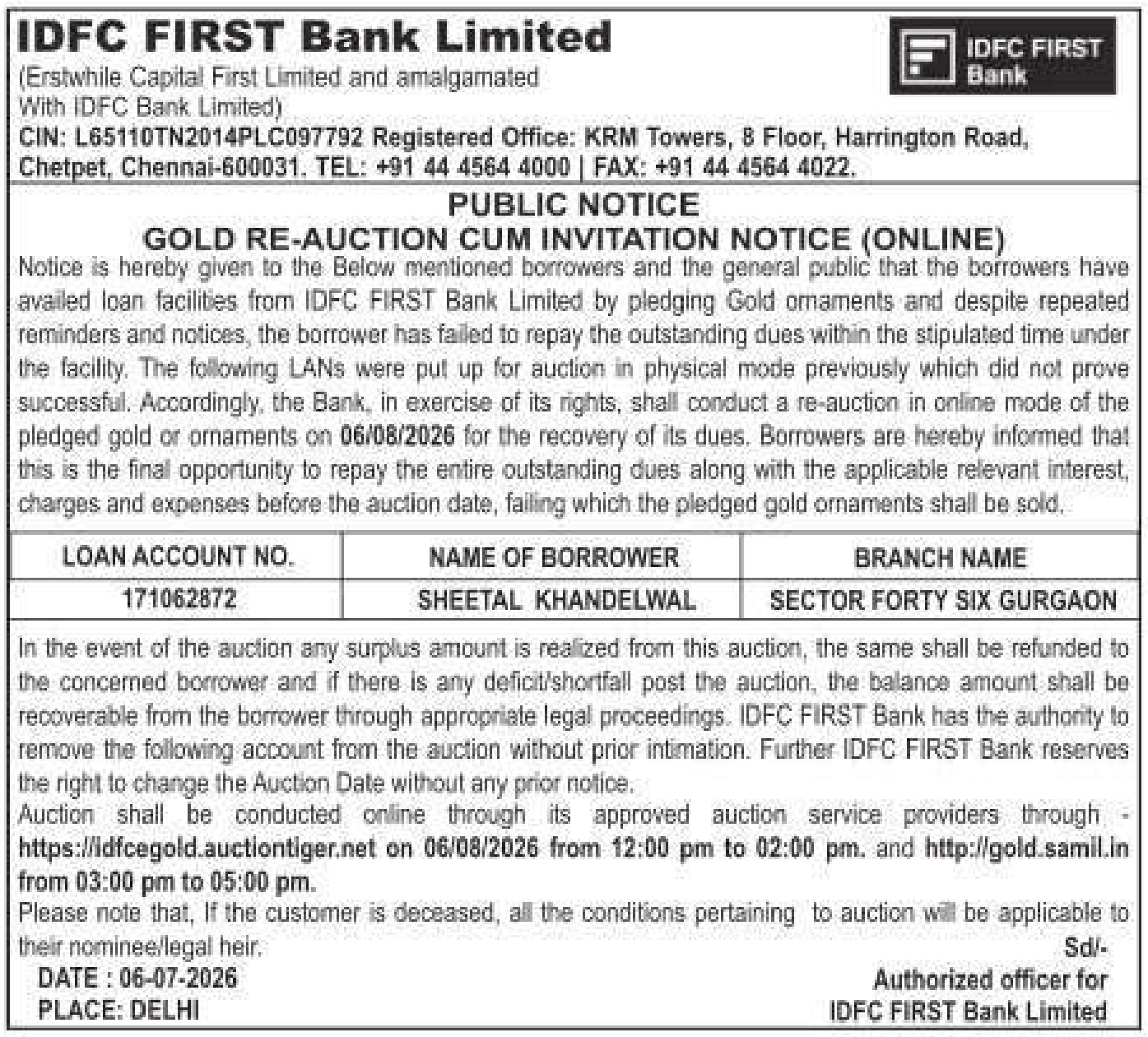 Gold auction notice — Idfc First Bank Limited