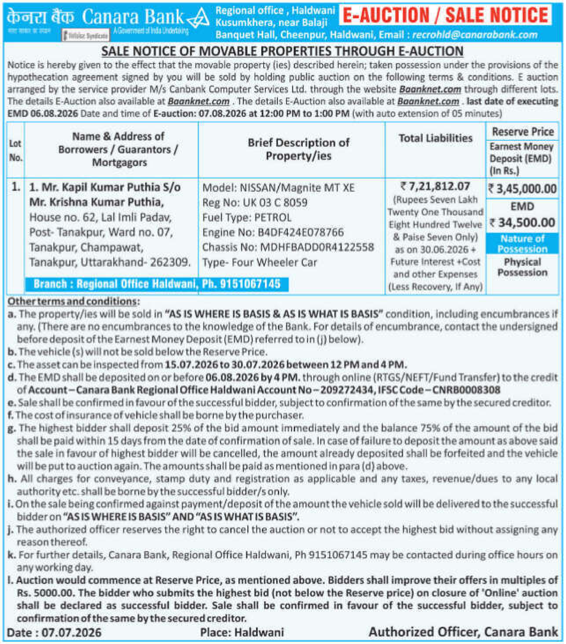 Vehicles auction notice — Canara Bank