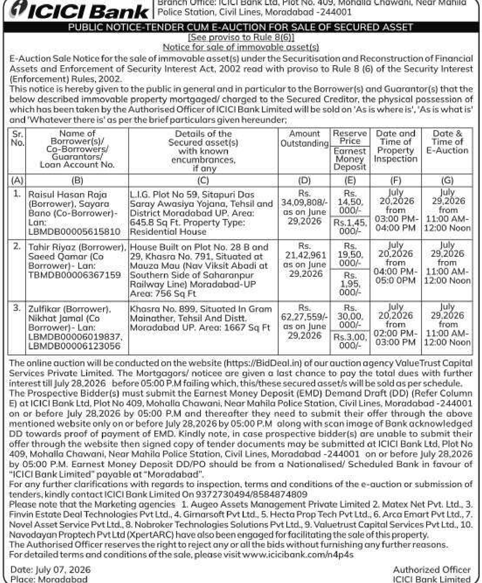 Property auction notice in Moradabad — ICICI Bank