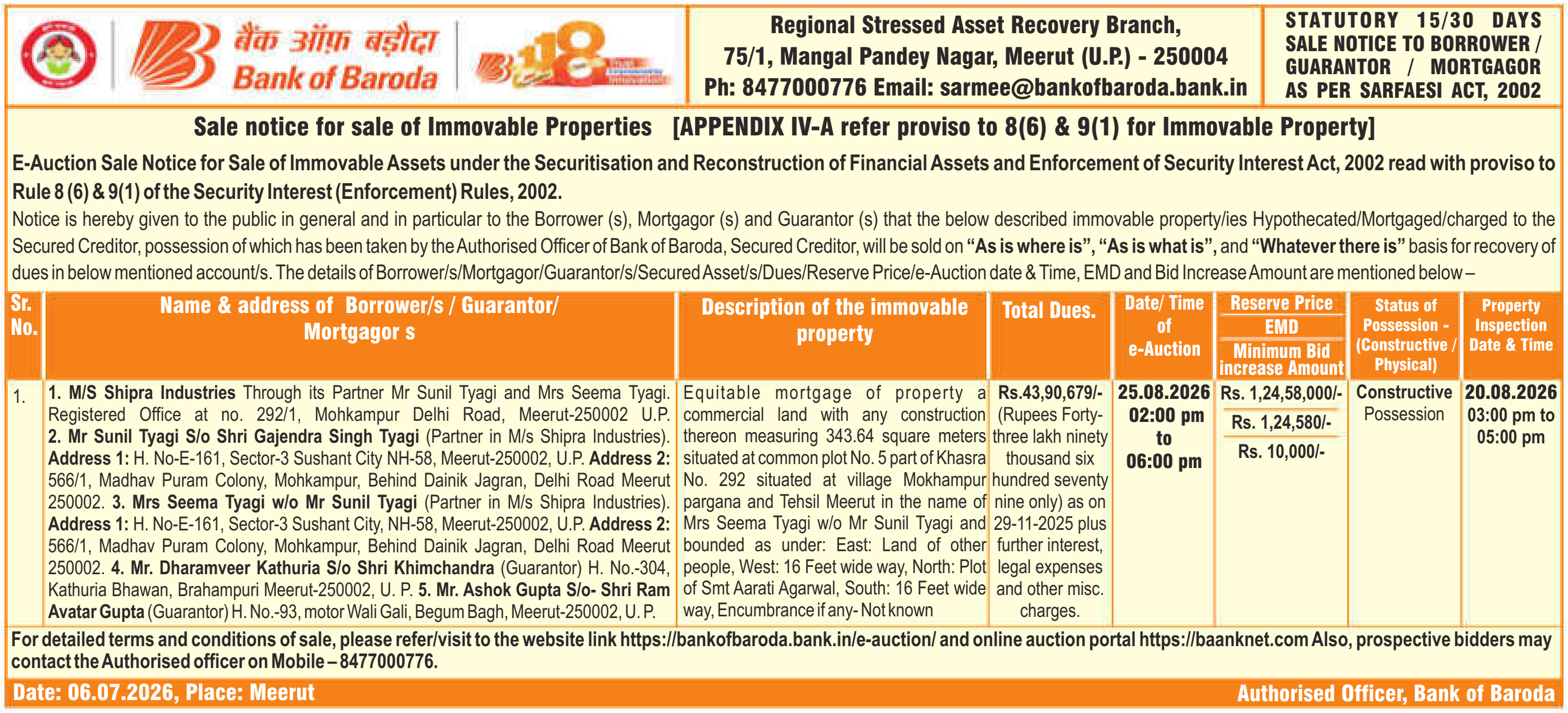 Property auction notice in Meerut — Bank Of Baroda