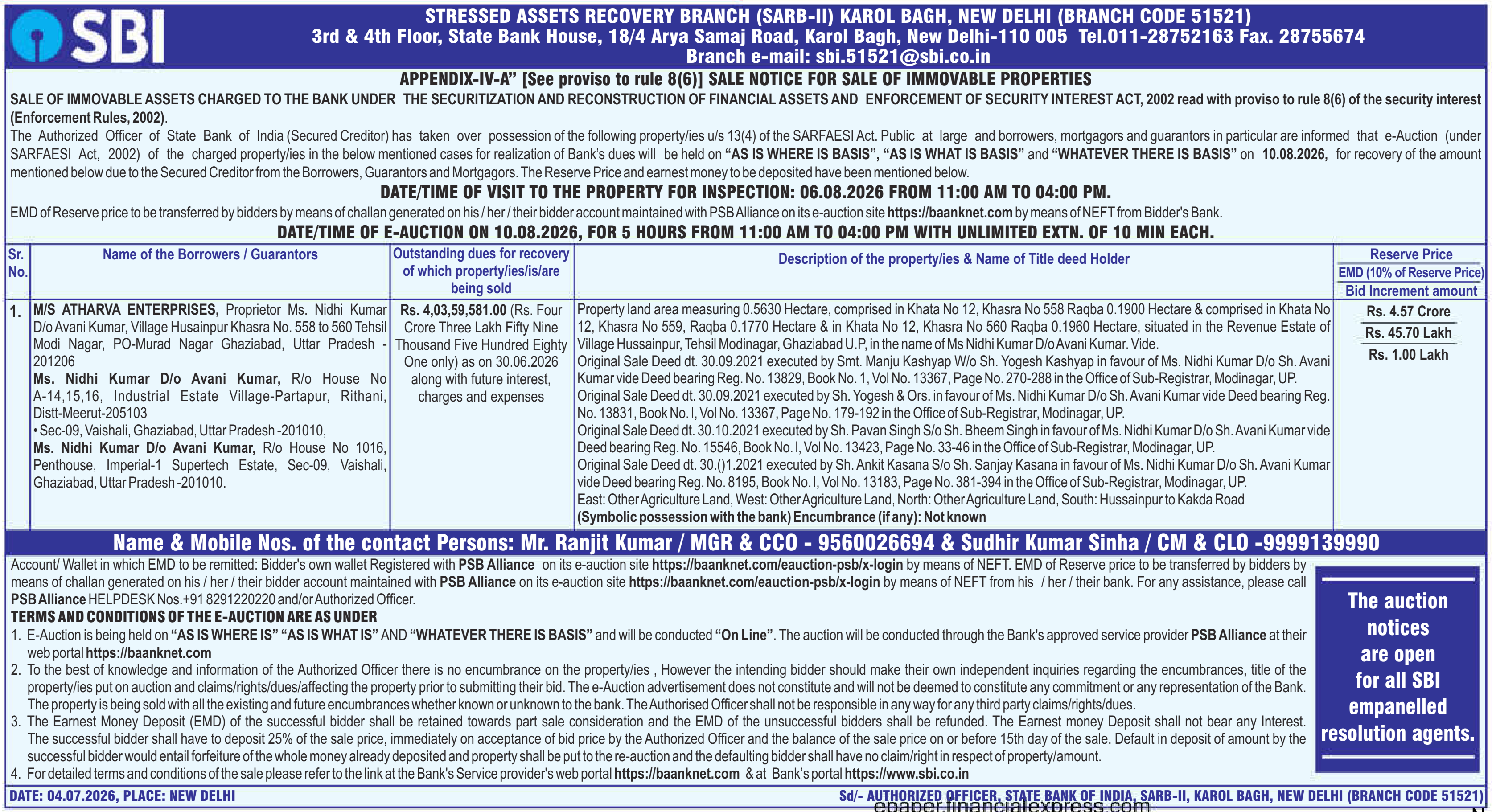 Property auction notice in Modinagar — State Bank Of India