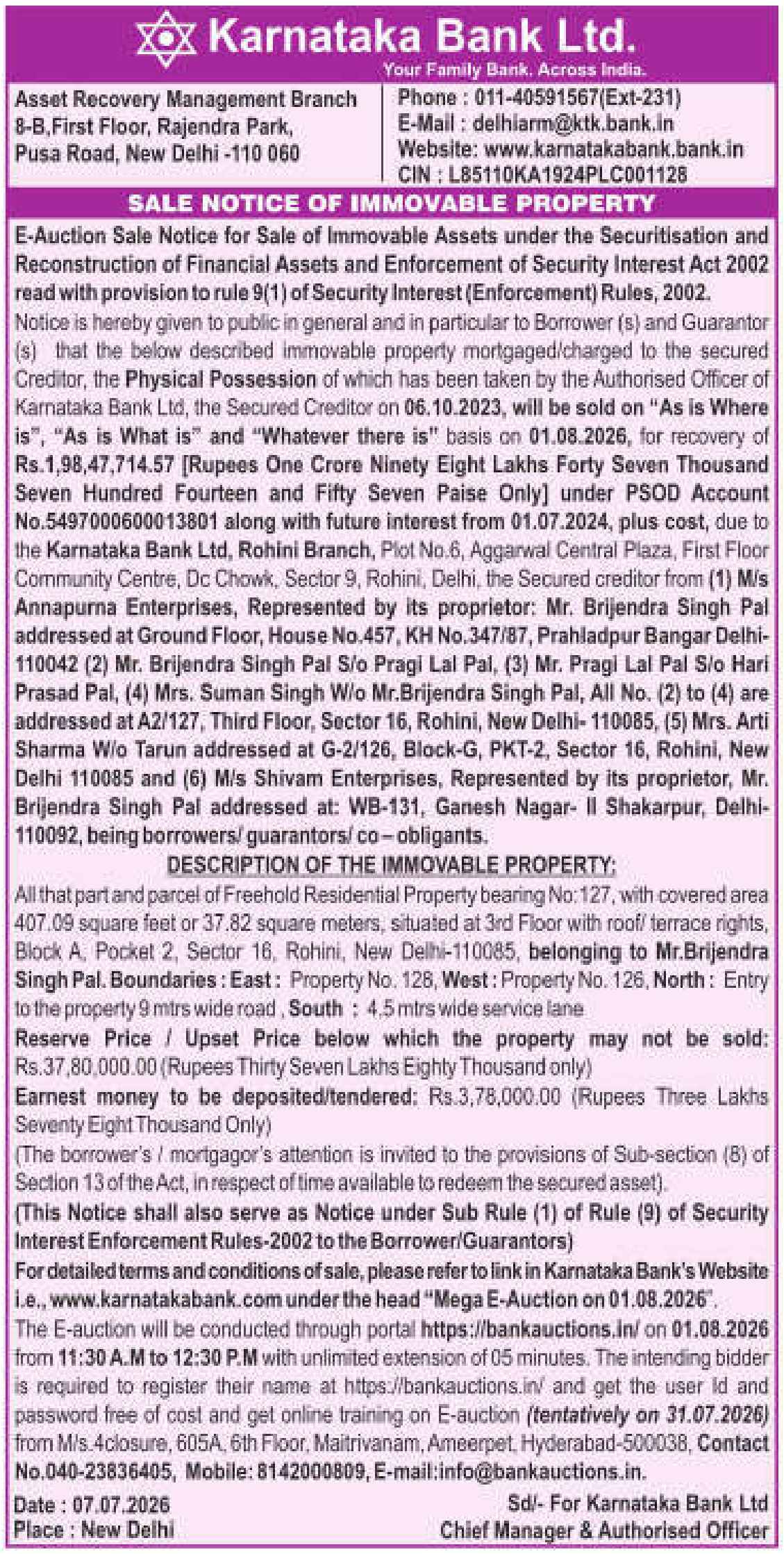 Property auction notice in New Delhi — Karnataka Bank LTD.