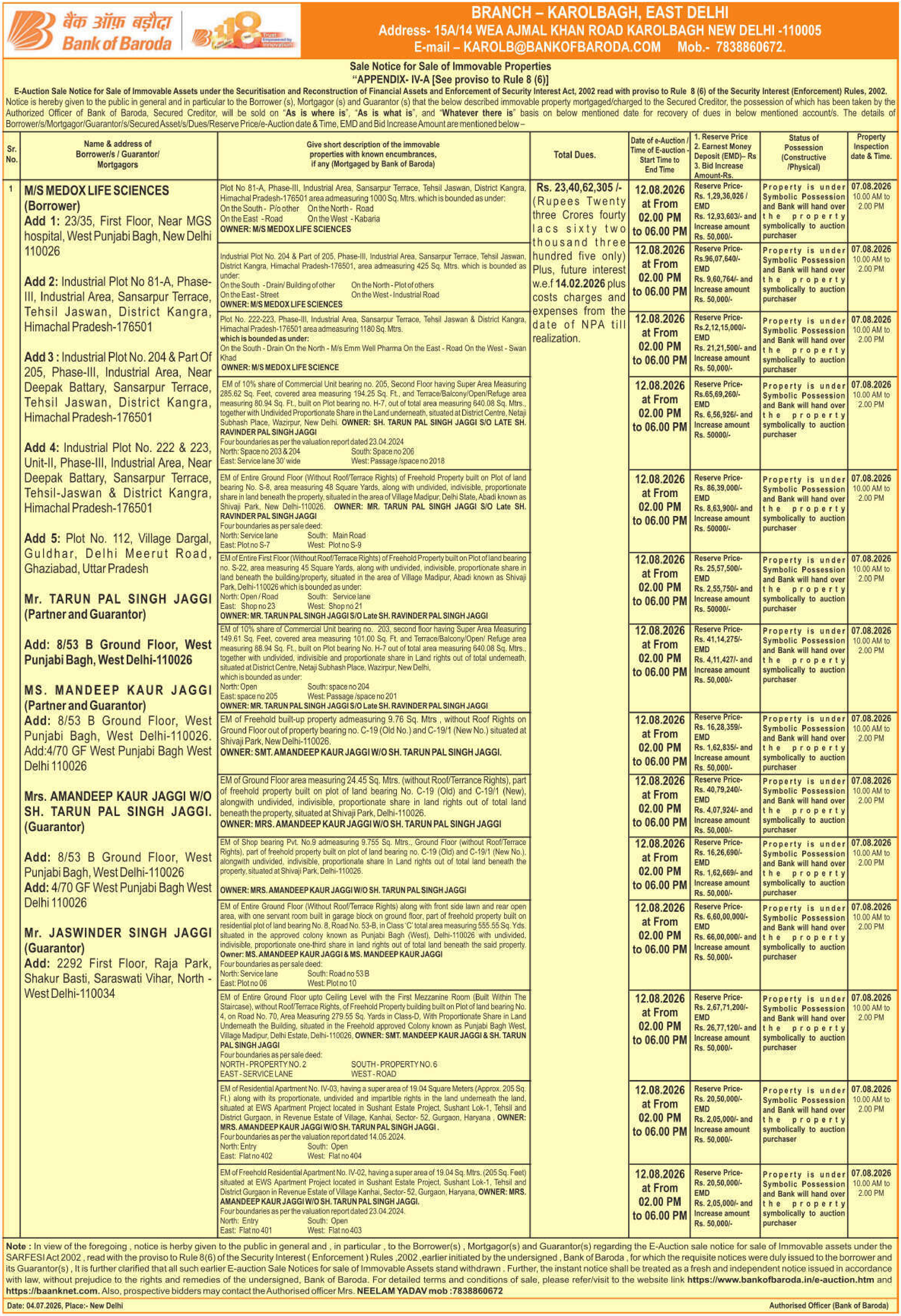 Property auction notice in Delhi — Bank Of Baroda