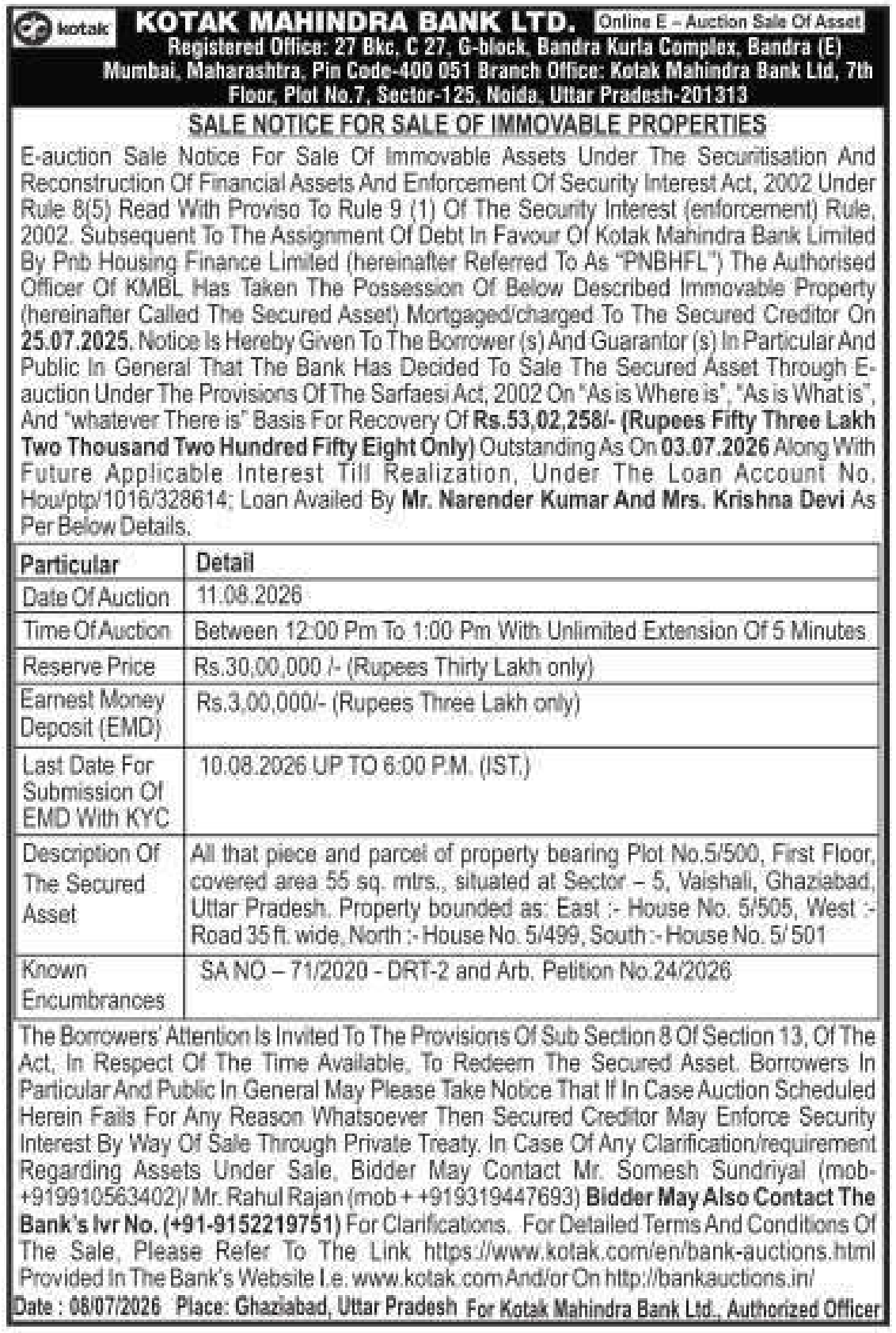 Property auction notice in Ghaziabad — Kotak Mahindra Bank LTD.