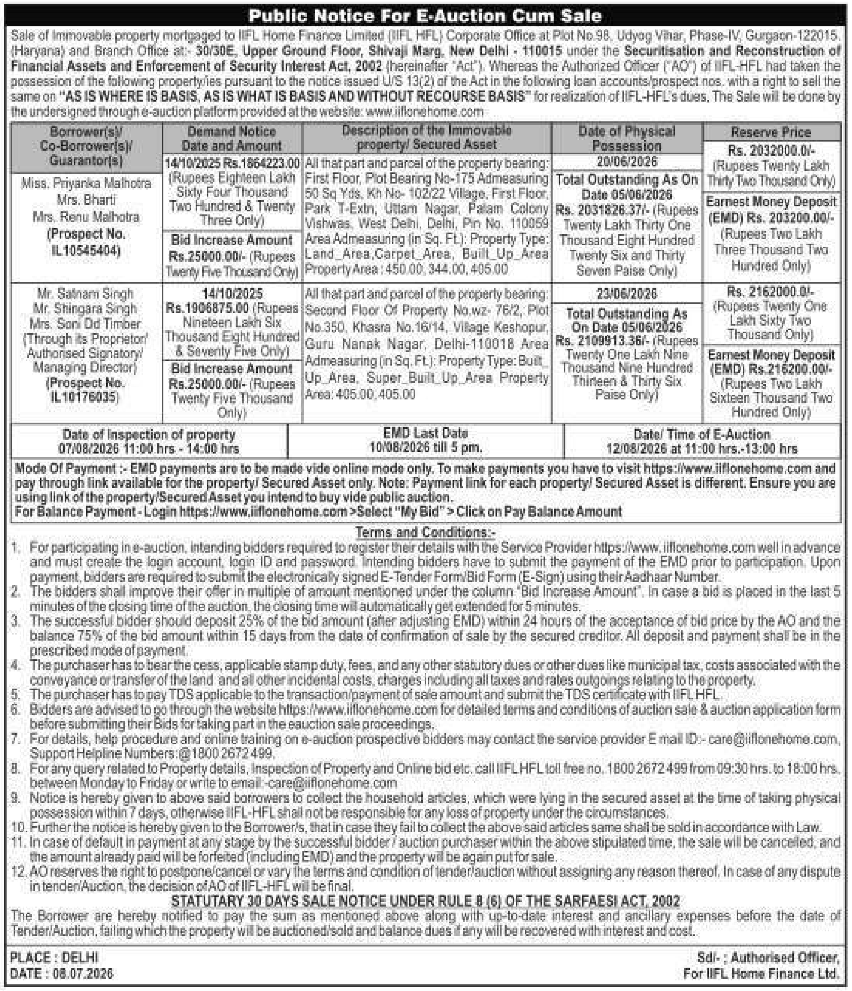 Property auction notice in Delhi — IIFL Home Finance Limited (iifl Hfl)