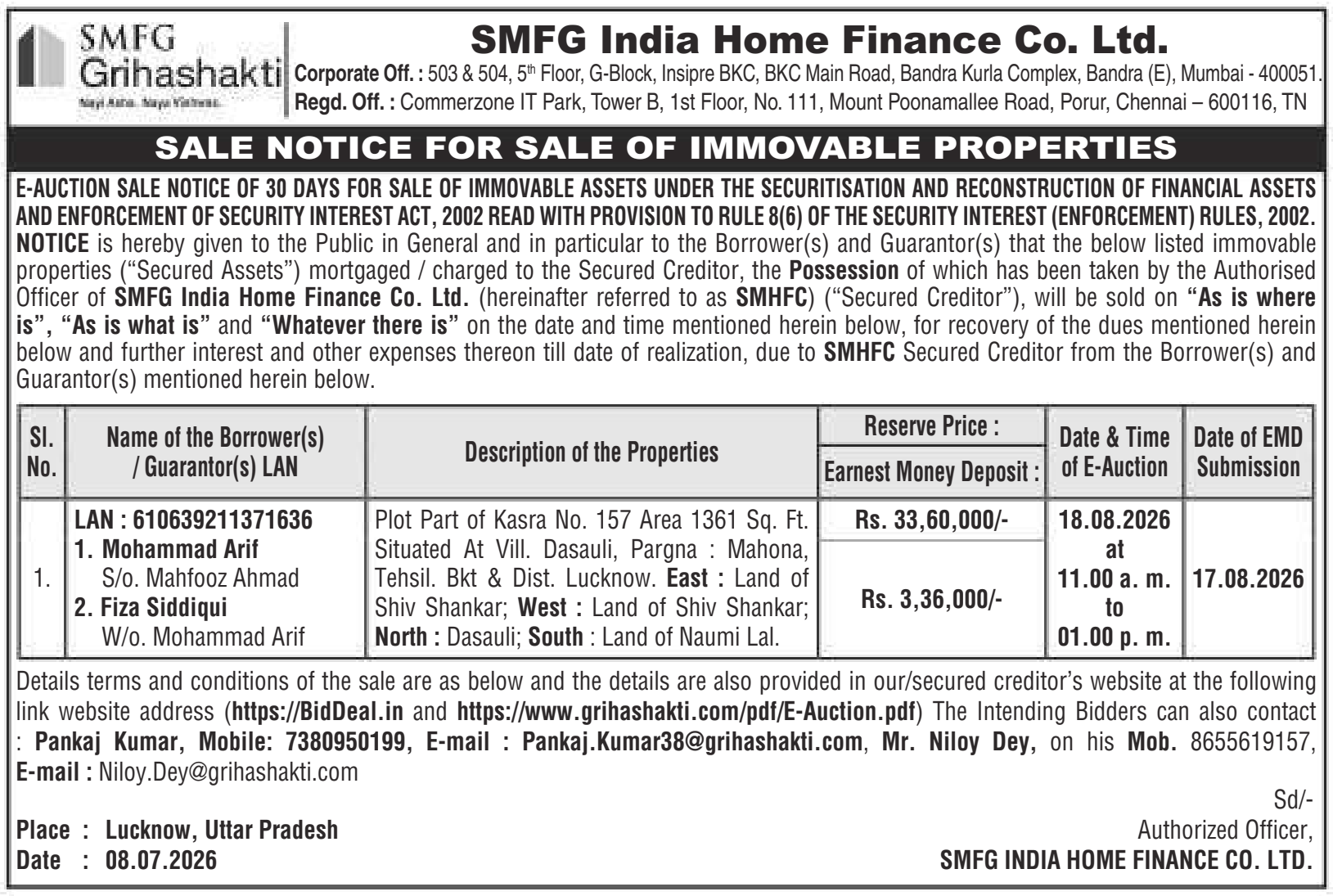 Property auction notice in Lucknow — Smfg India Home Finance Co. LTD.