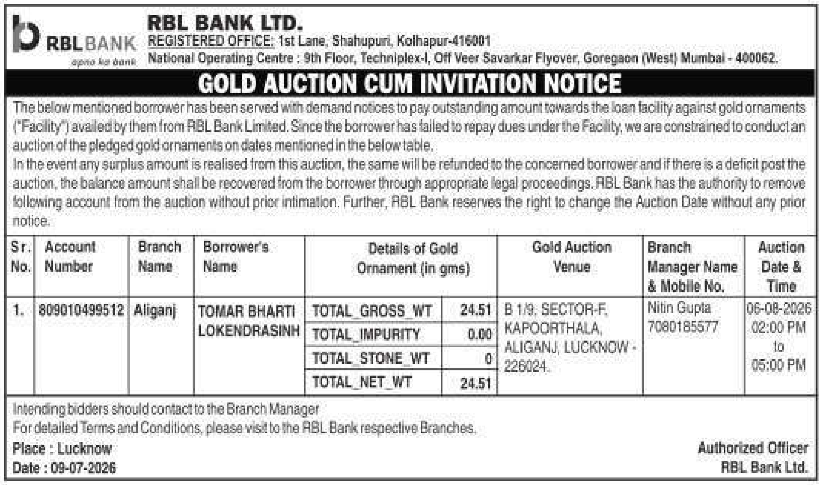 Gold auction notice — Rbl Bank LTD.