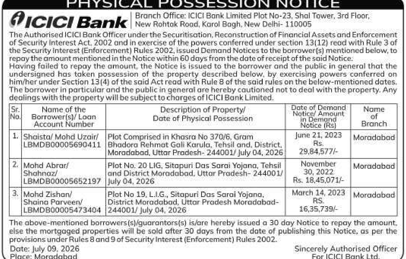 Property auction notice in Moradabad — ICICI Bank