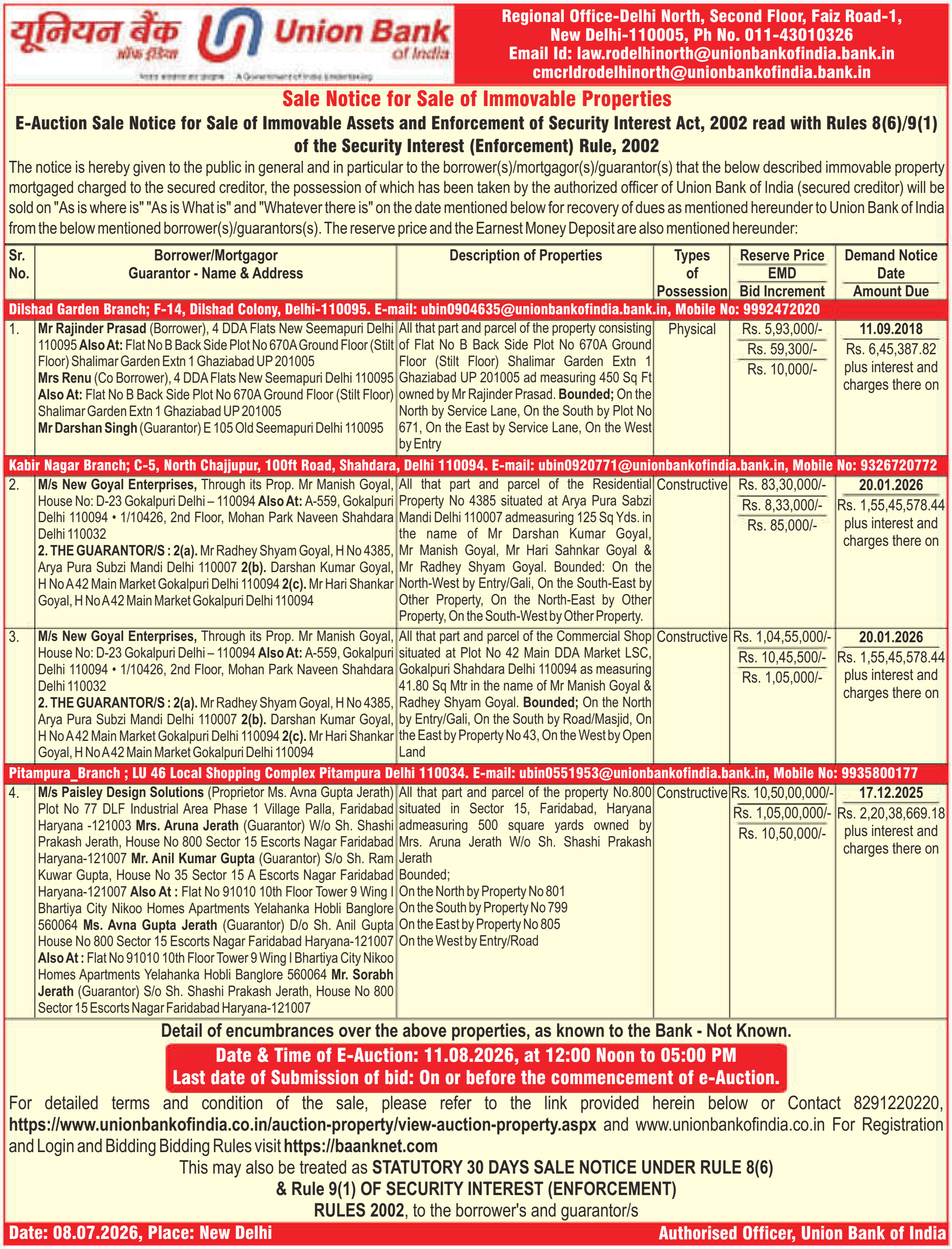 Property auction notice in Delhi — Union Bank Of India