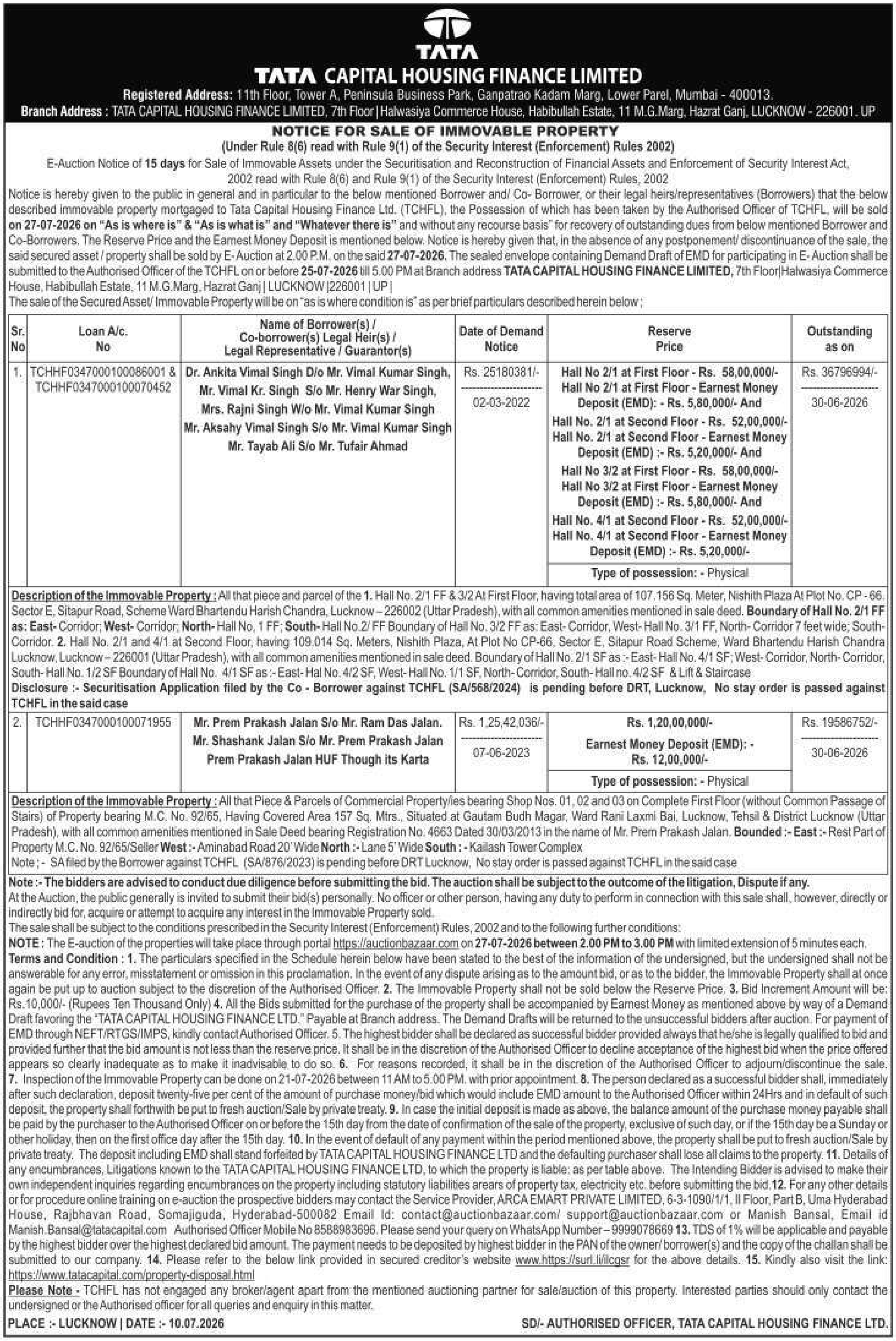 Auction notice for Tata Capital Housing Finance Limited