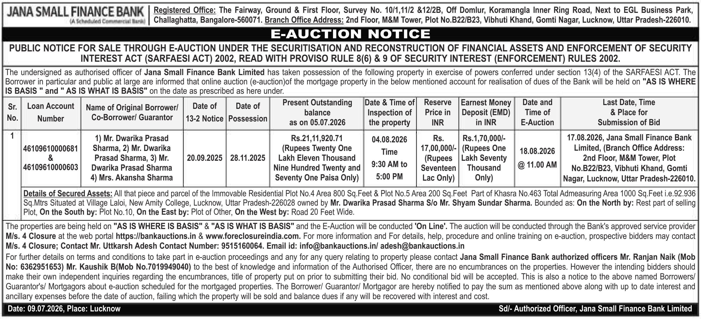 Property auction notice in Lucknow — Jana Small Finance Bank Limited