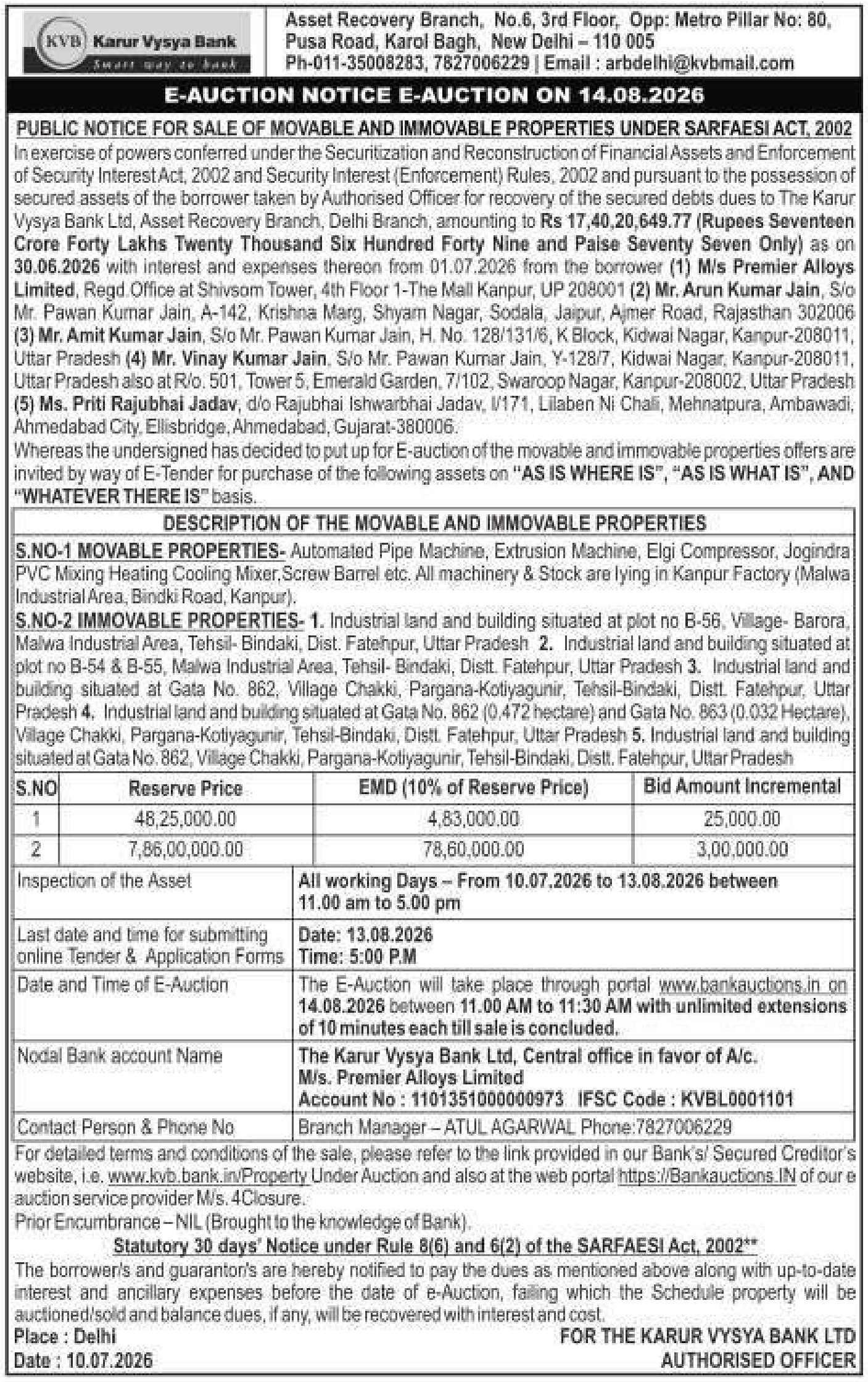 Machinery auction notice — Karur Vysya Bank LTD
