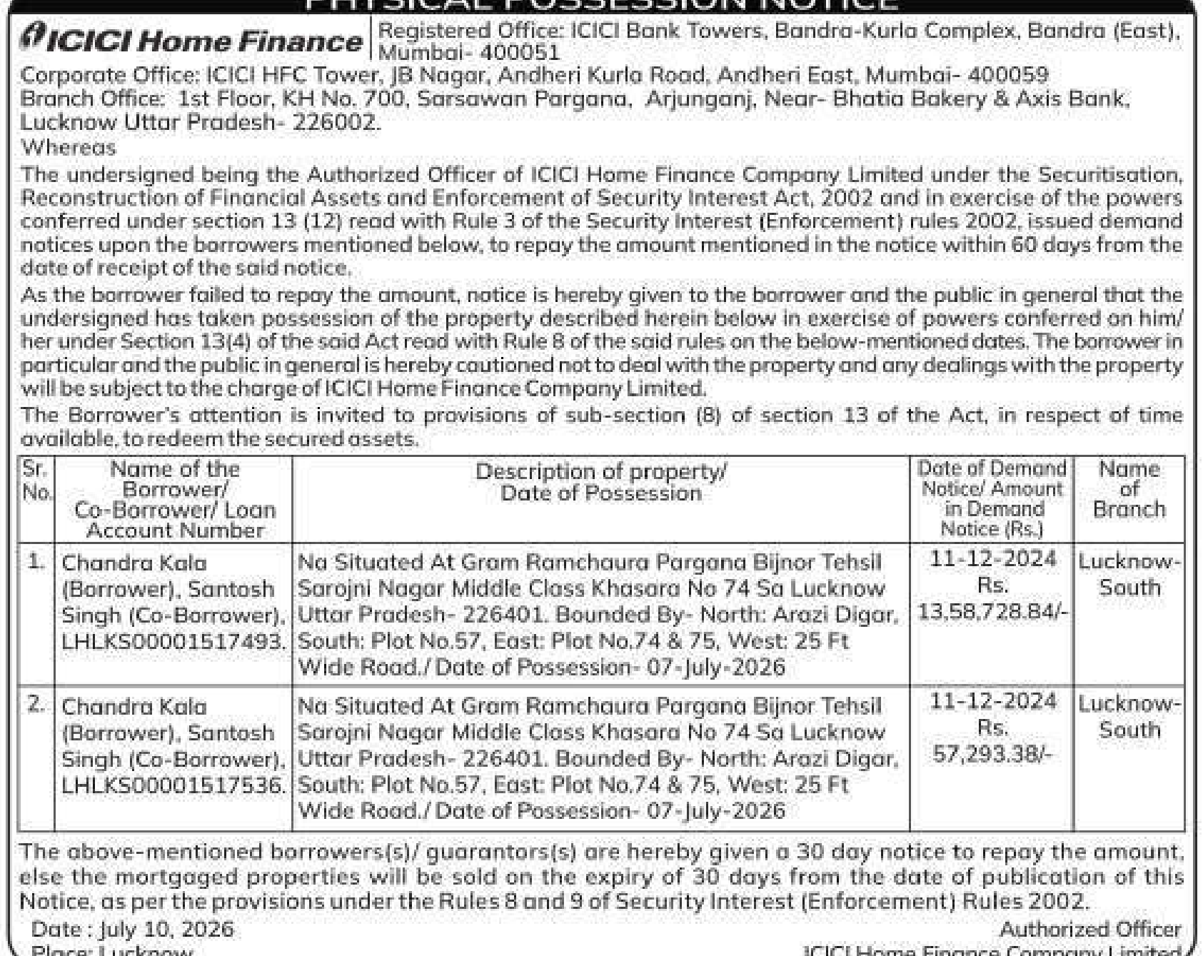 Property auction notice in Lucknow — ICICI Home Finance