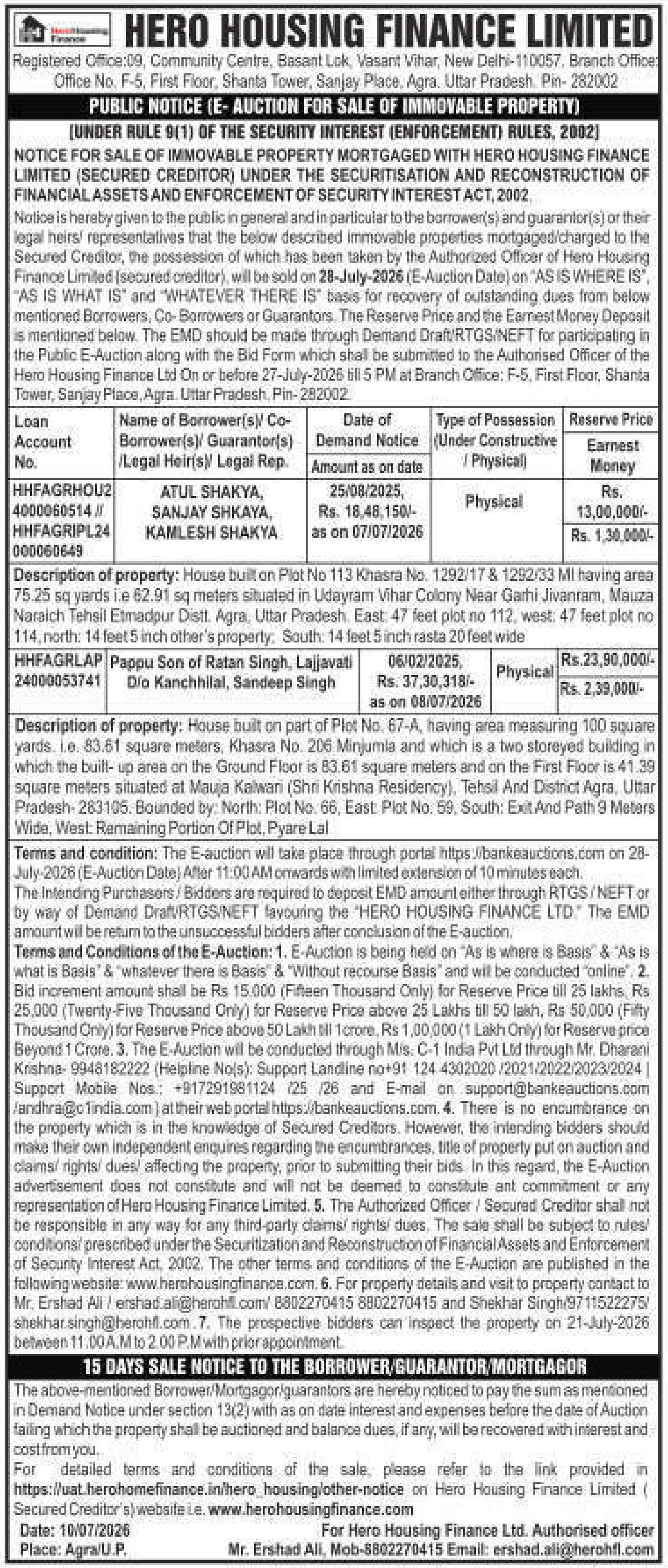 Property auction notice in Agra — Hero Housing Finance Limited