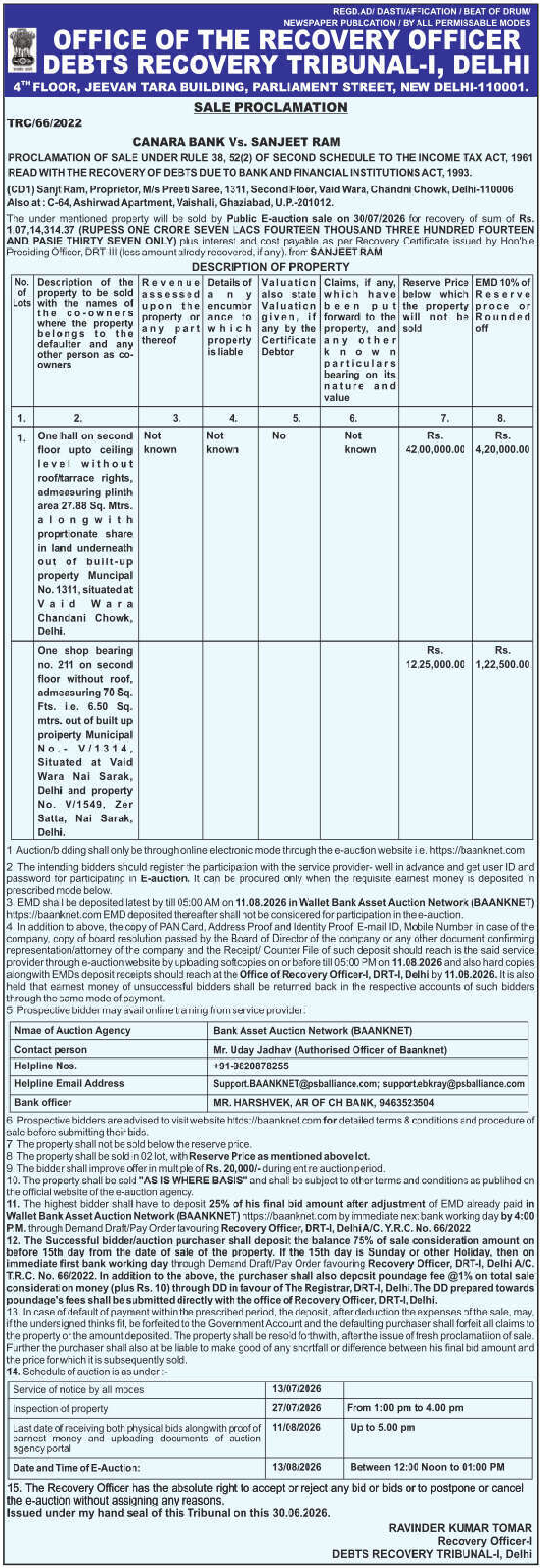 Property auction notice in Delhi — Canara Bank