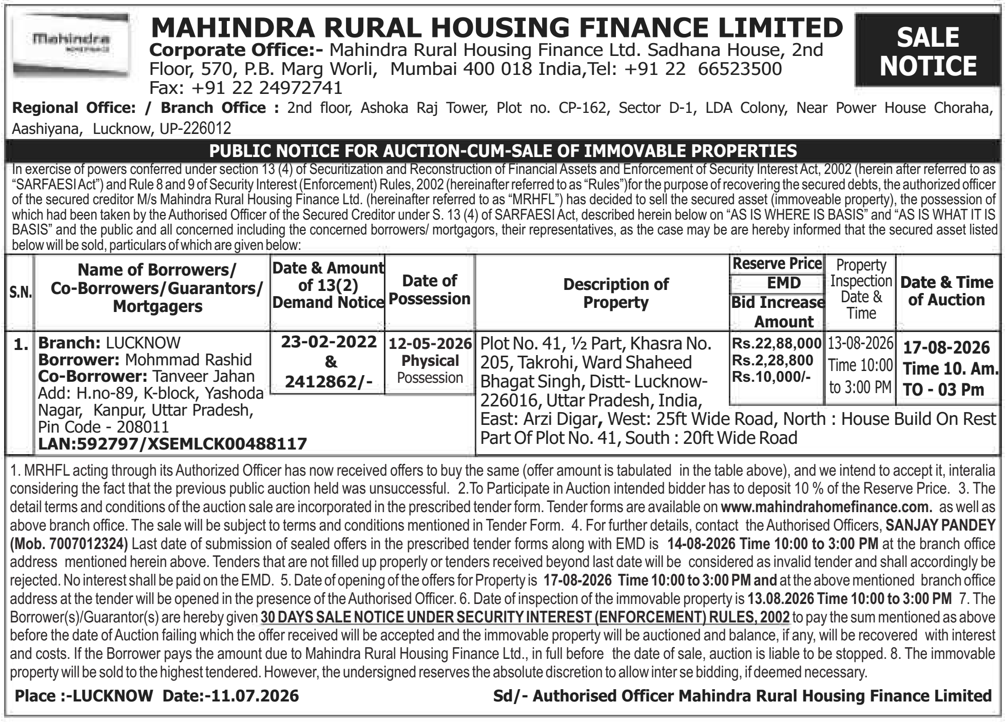 Property auction notice in Lucknow — Mahindra Rural Housing Finance Limited