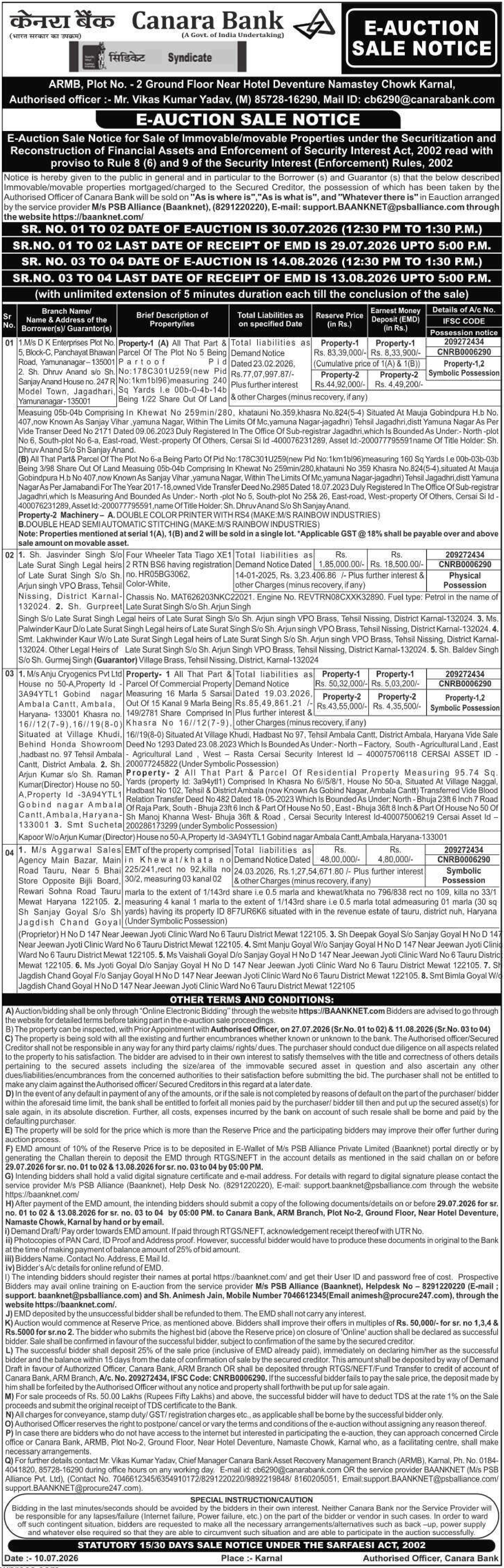 Auction notice for Canara Bank