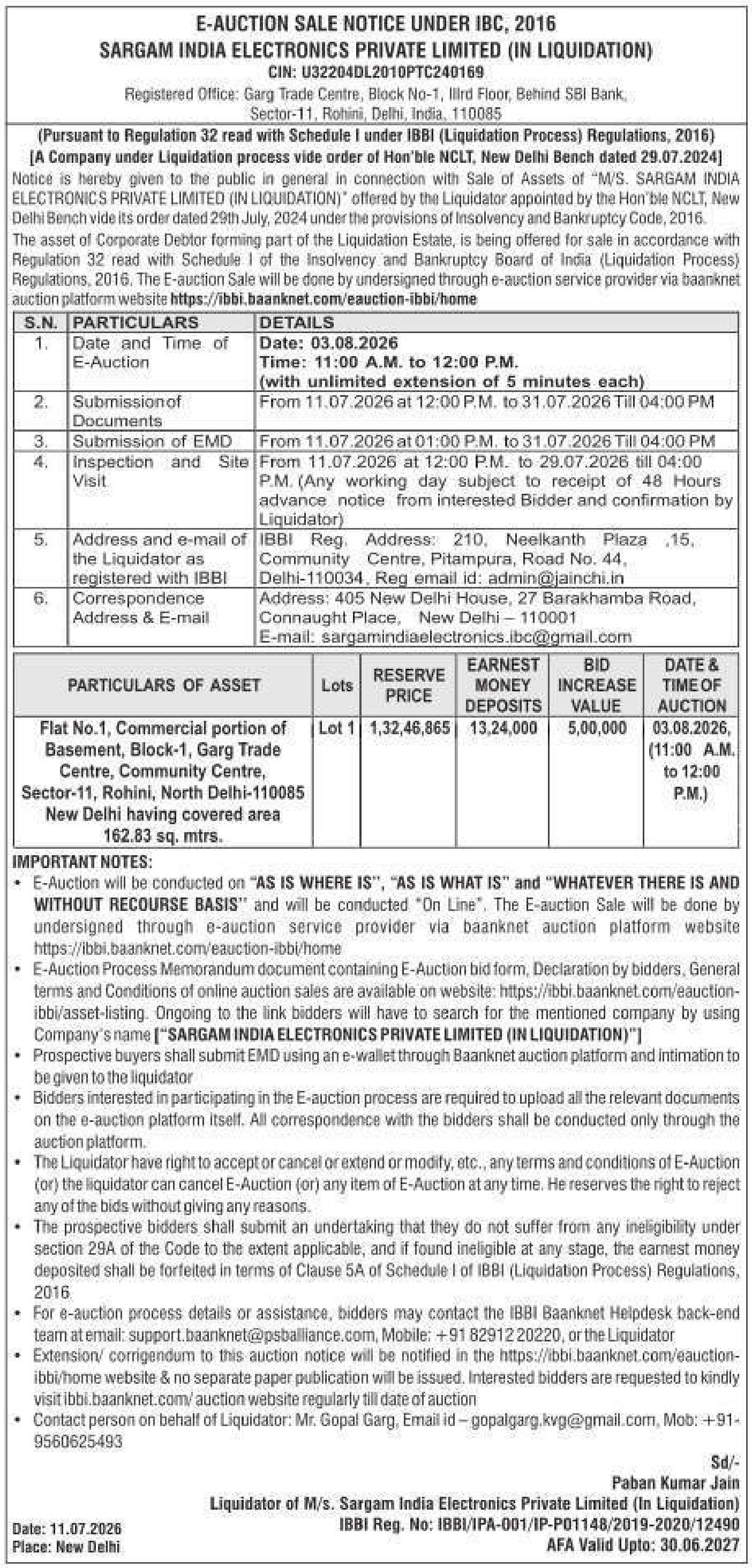 Property auction notice in New Delhi — Sargam India Electronics Private Limited (in Liquidation)