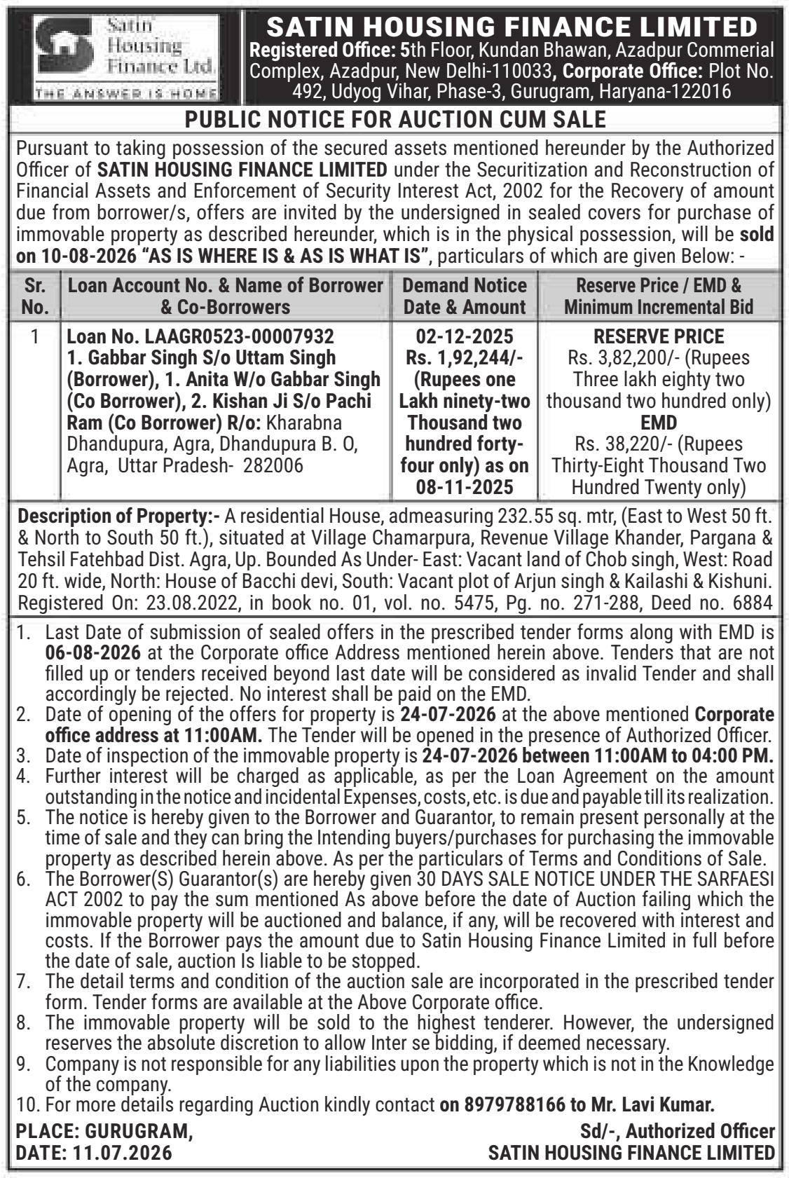 Property auction notice in Agra — Satin Housing Finance Limited